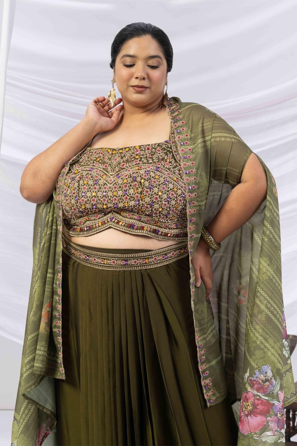 Deep Olive Green Skirt Cape set