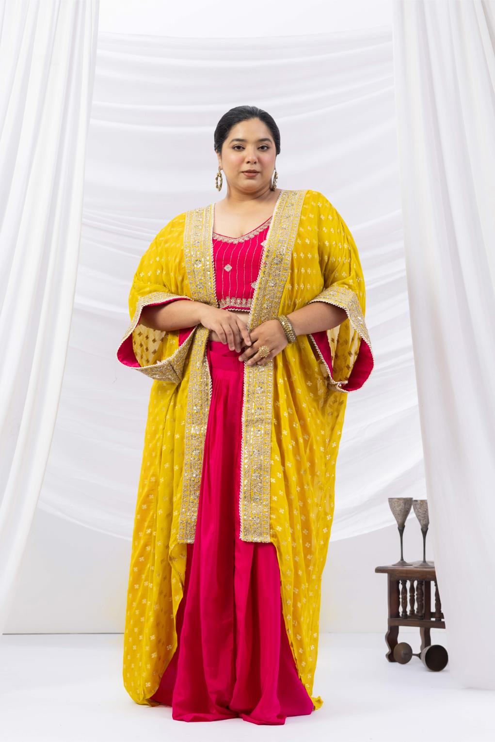 Magenta Pink Draped Skirt Set with Embellished Blouse & Yellow Cape