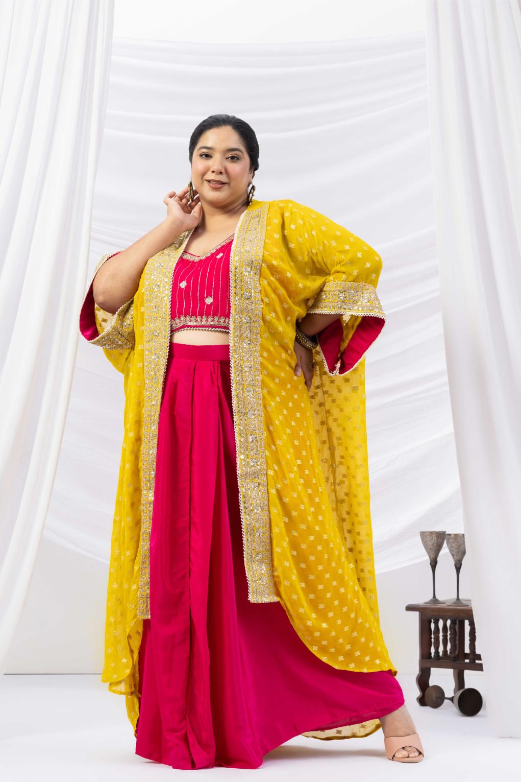 Magenta Pink Draped Skirt Set with Embellished Blouse & Yellow Cape