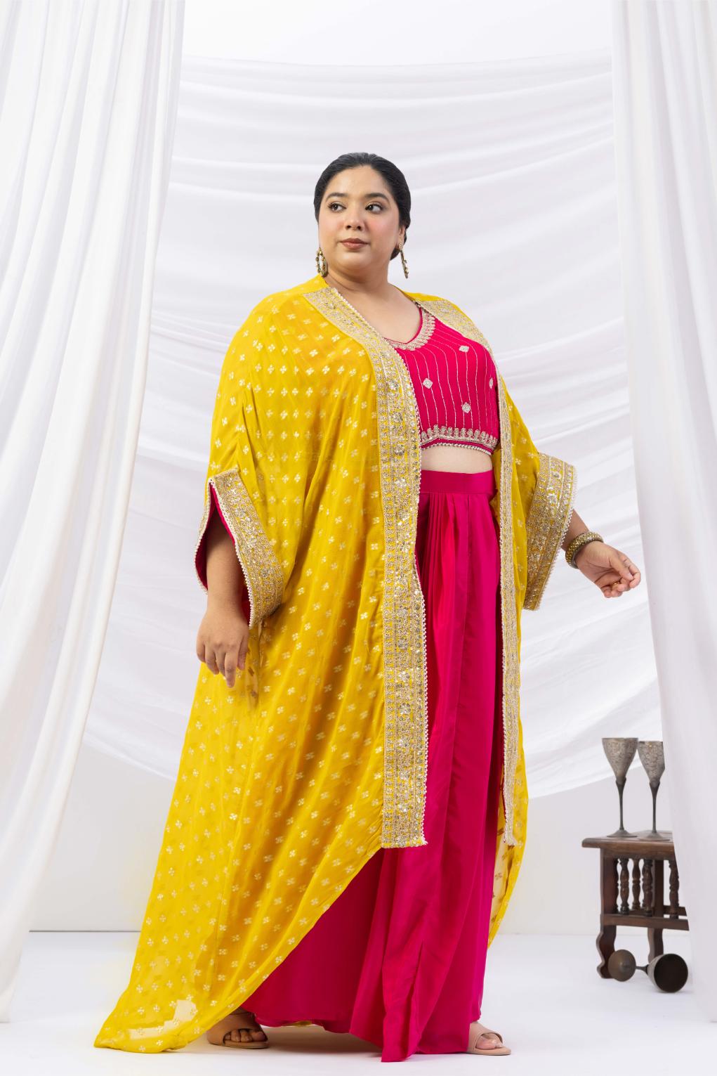 Magenta Pink Draped Skirt Set with Embellished Blouse & Yellow Cape