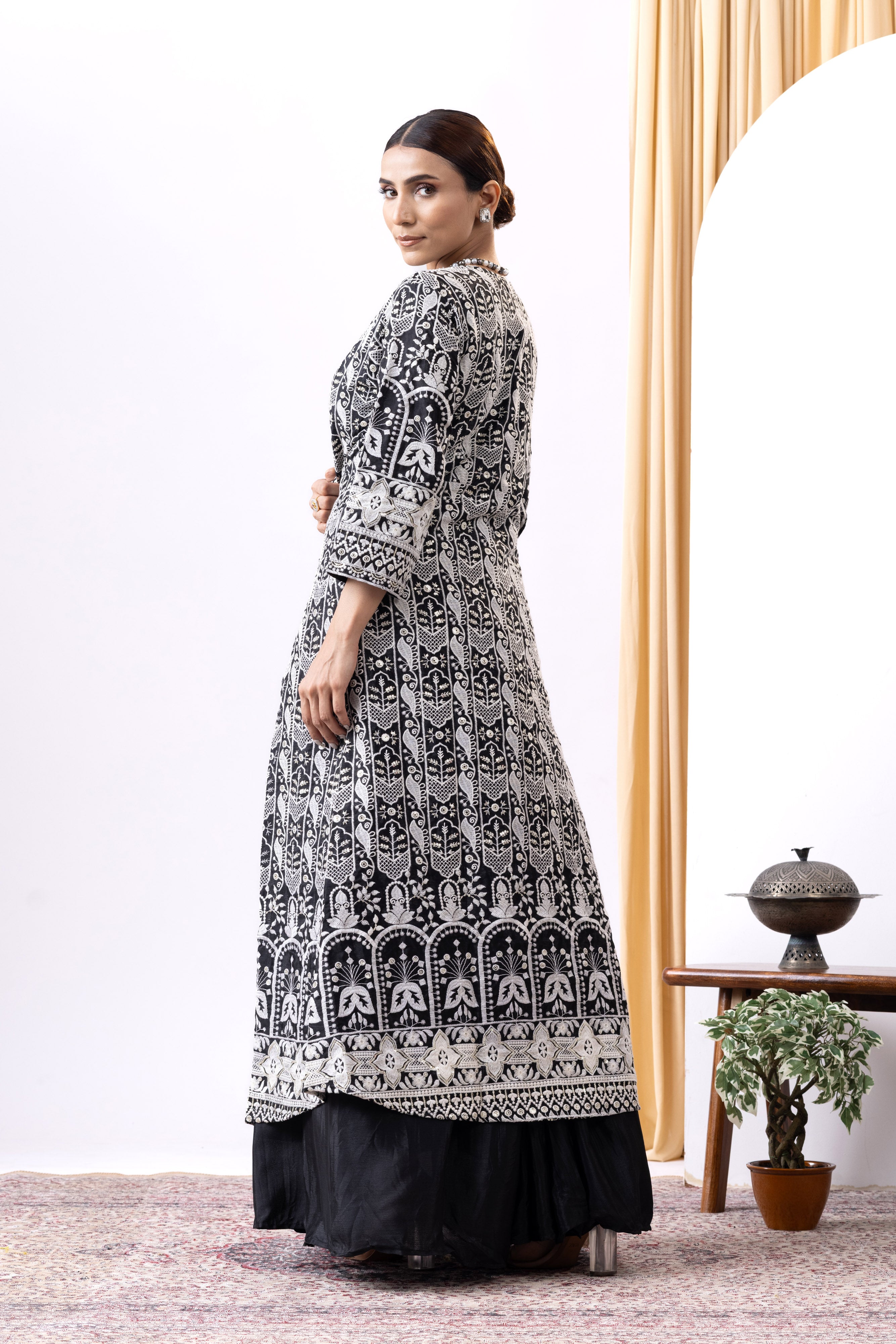 Black Gown with Long Embroidered Shrug