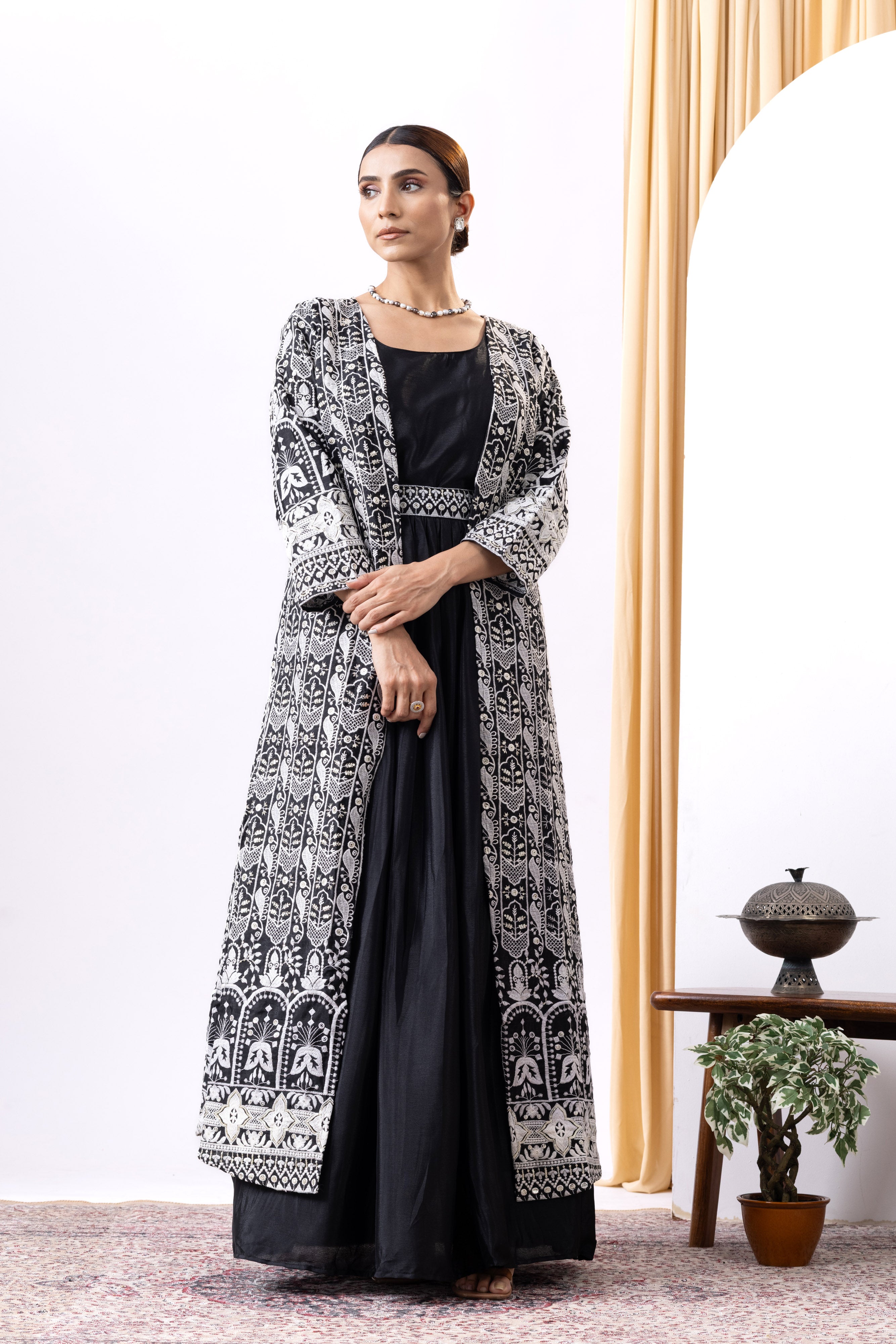 Black Gown with Long Embroidered Shrug