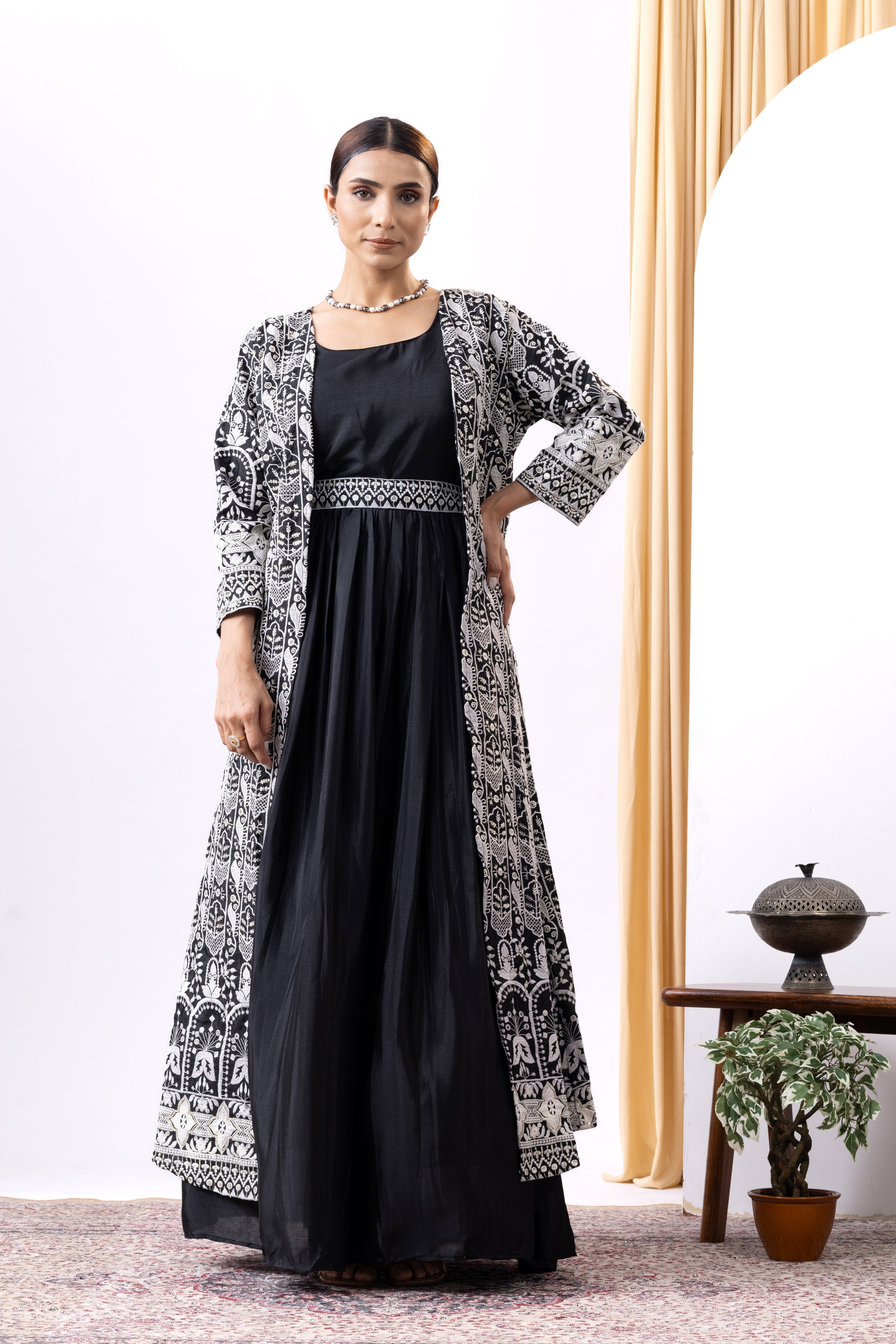 Black Gown with Long Embroidered Shrug