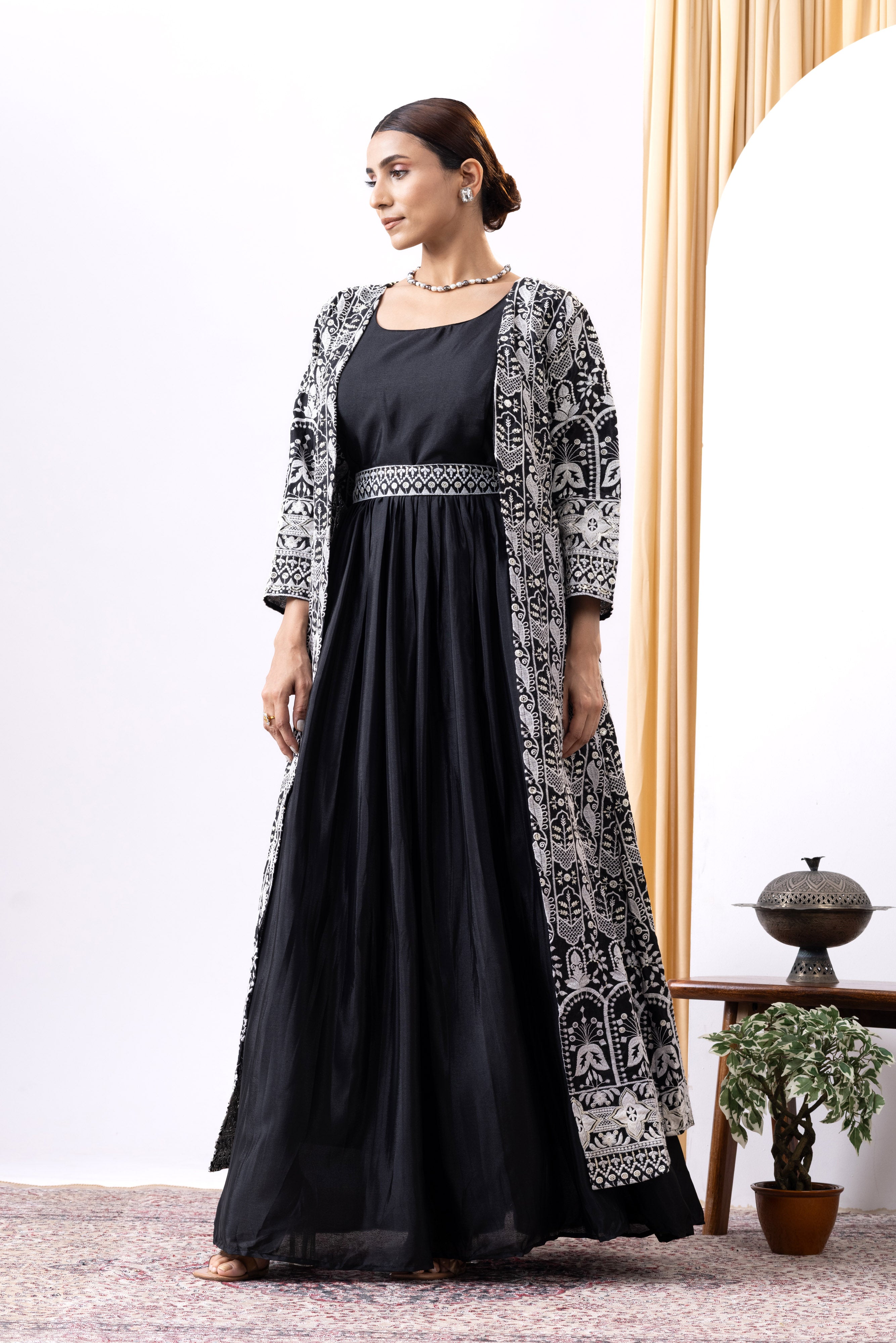 Black Gown with Long Embroidered Shrug