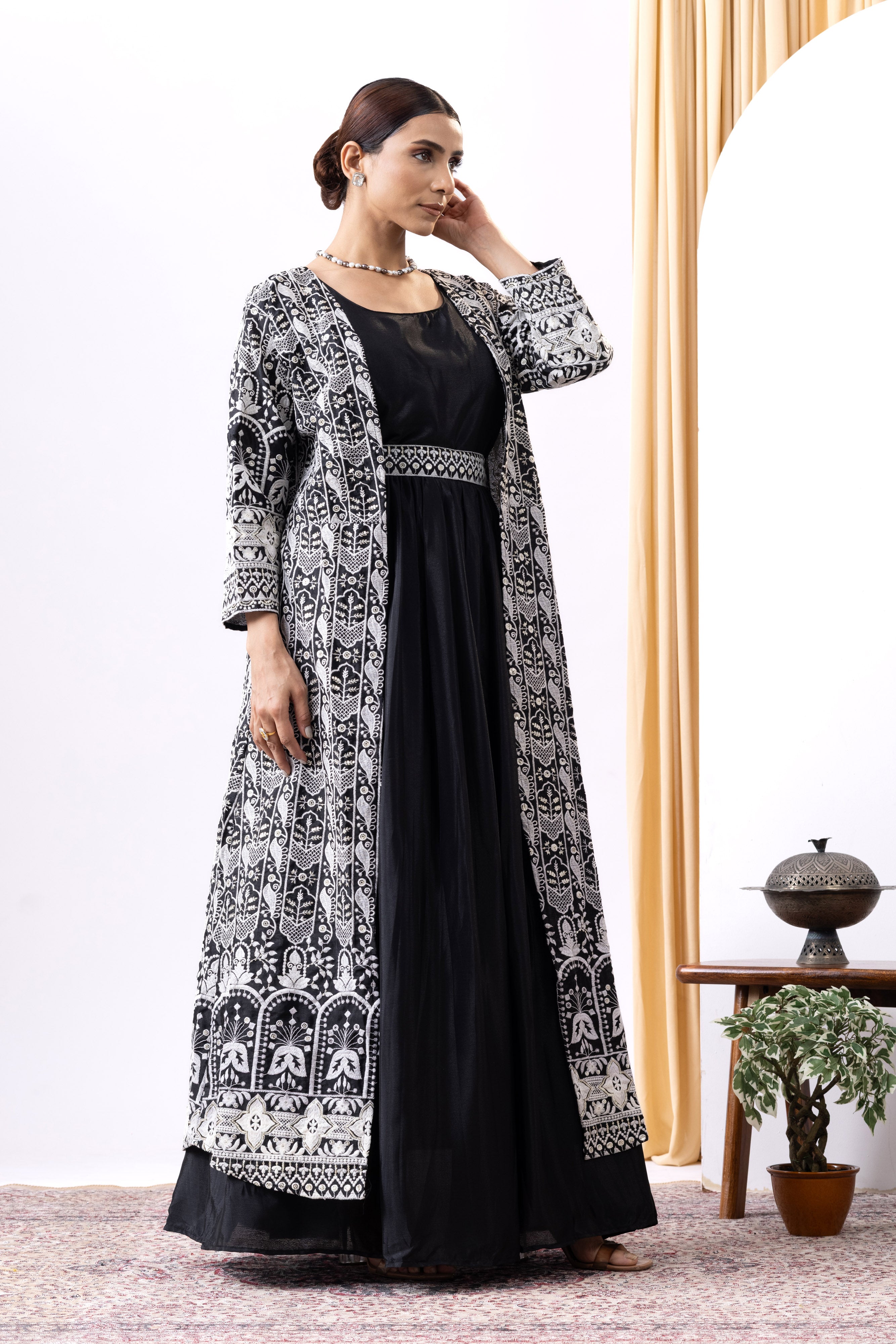 Black Gown with Long Embroidered Shrug