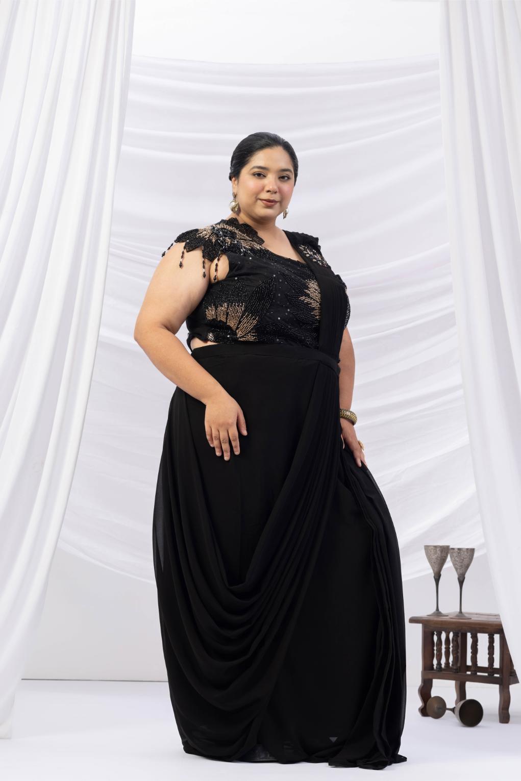 Noir Muse One-Shoulder Black Saree Ensemble