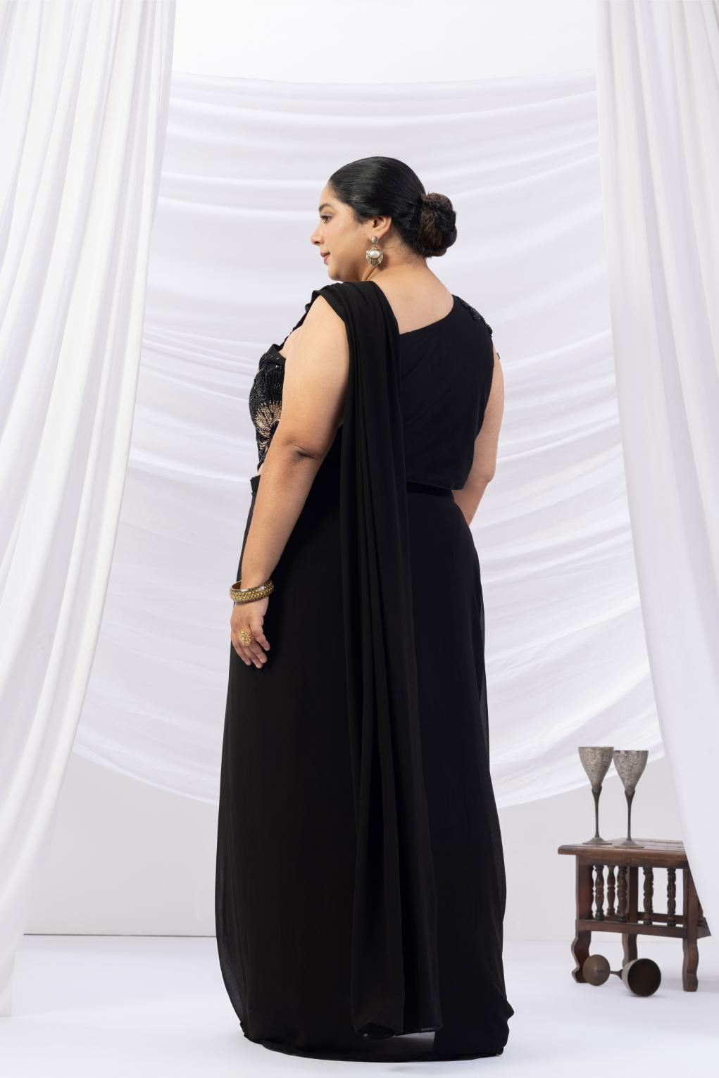 Noir Muse One-Shoulder Black Saree Ensemble