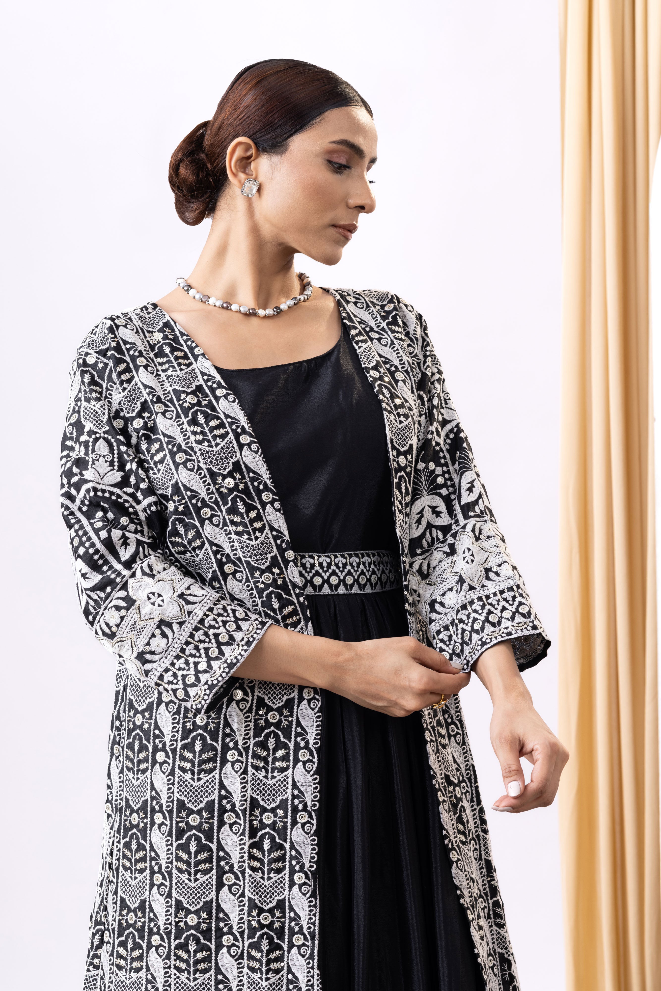 Black Gown with Long Embroidered Shrug