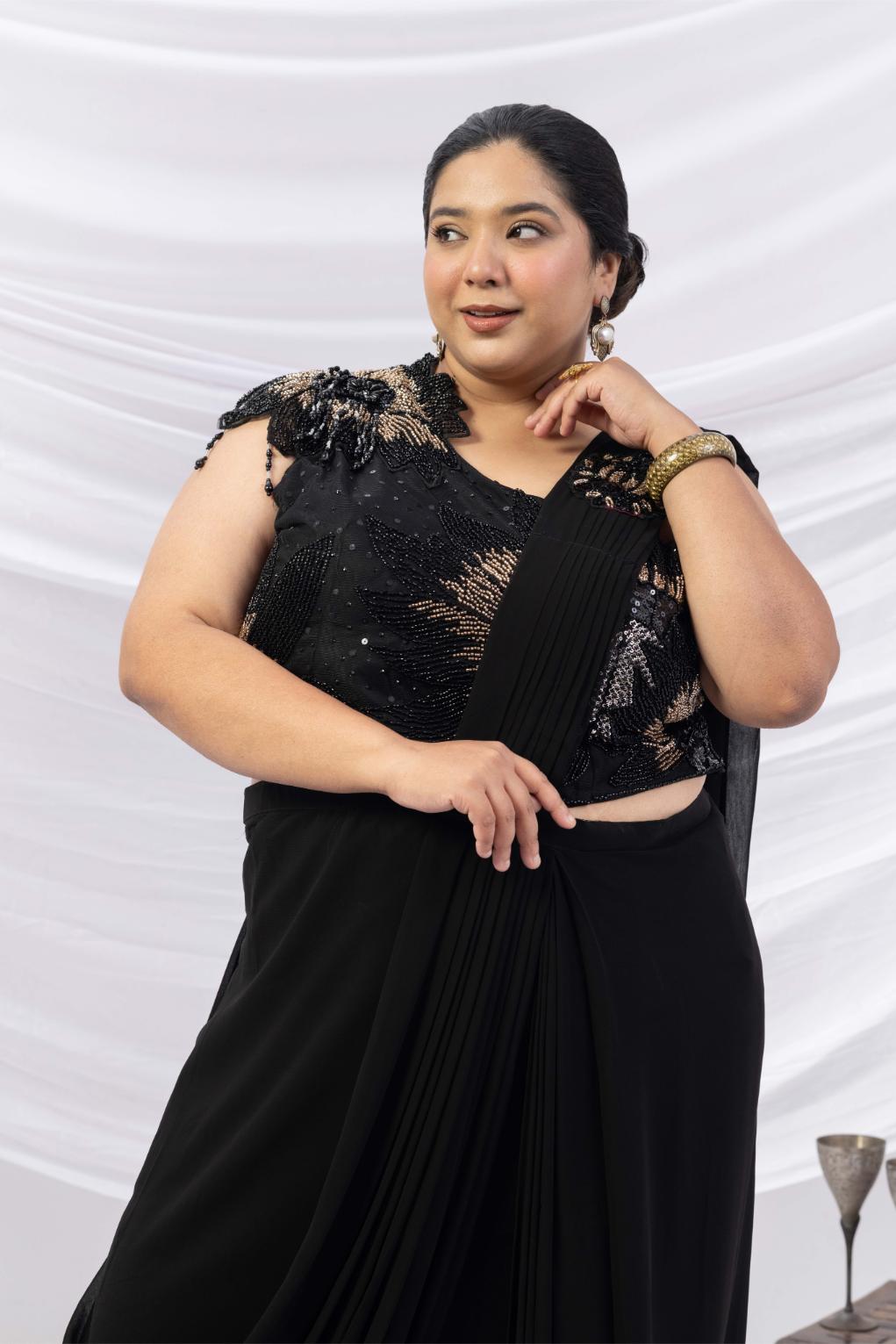 Noir Muse One-Shoulder Black Saree Ensemble
