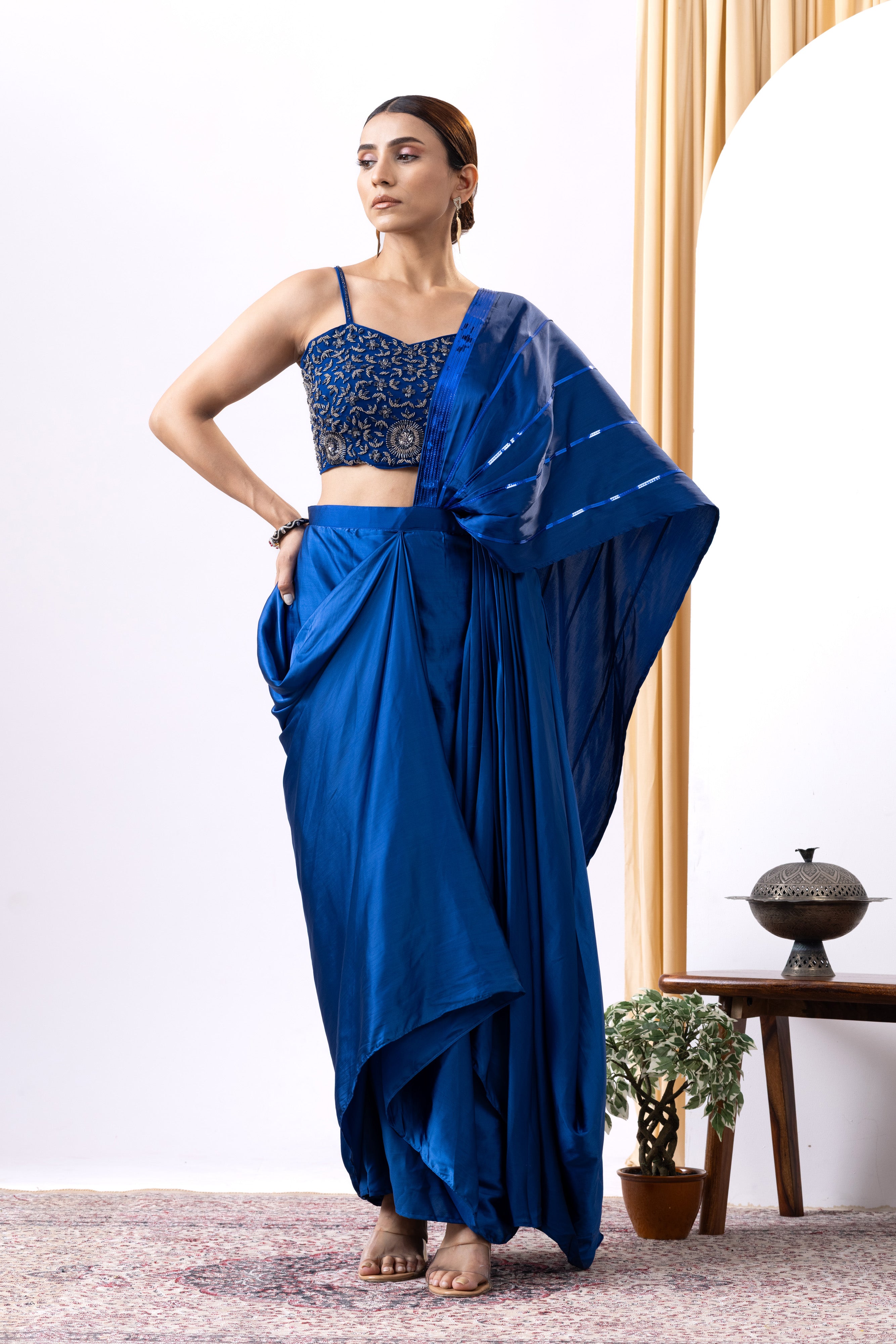 Royal Blue Satin Saree with Cutdana Work for Cocktail Party