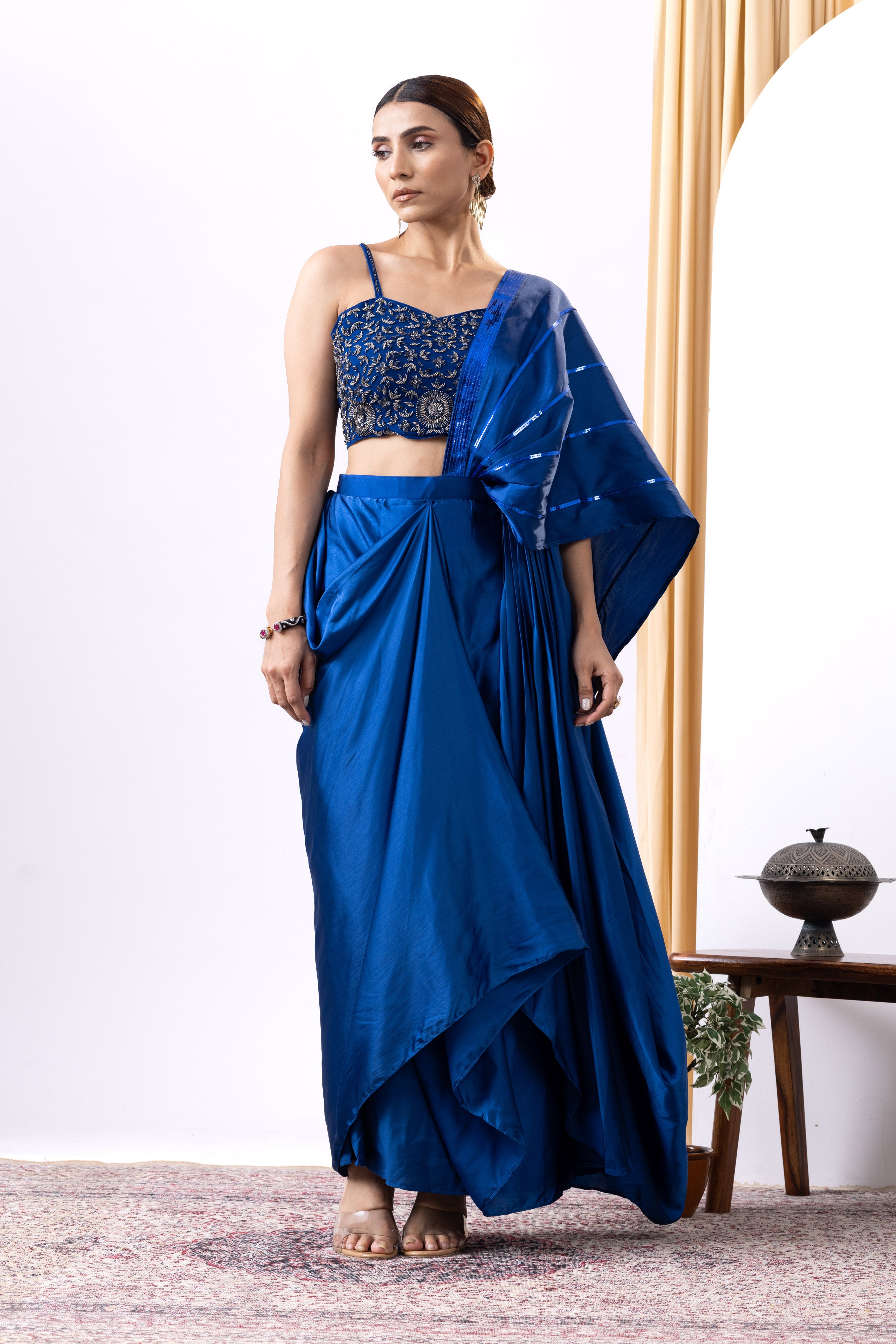 Royal Blue Satin Saree with Cutdana Work for Cocktail Party