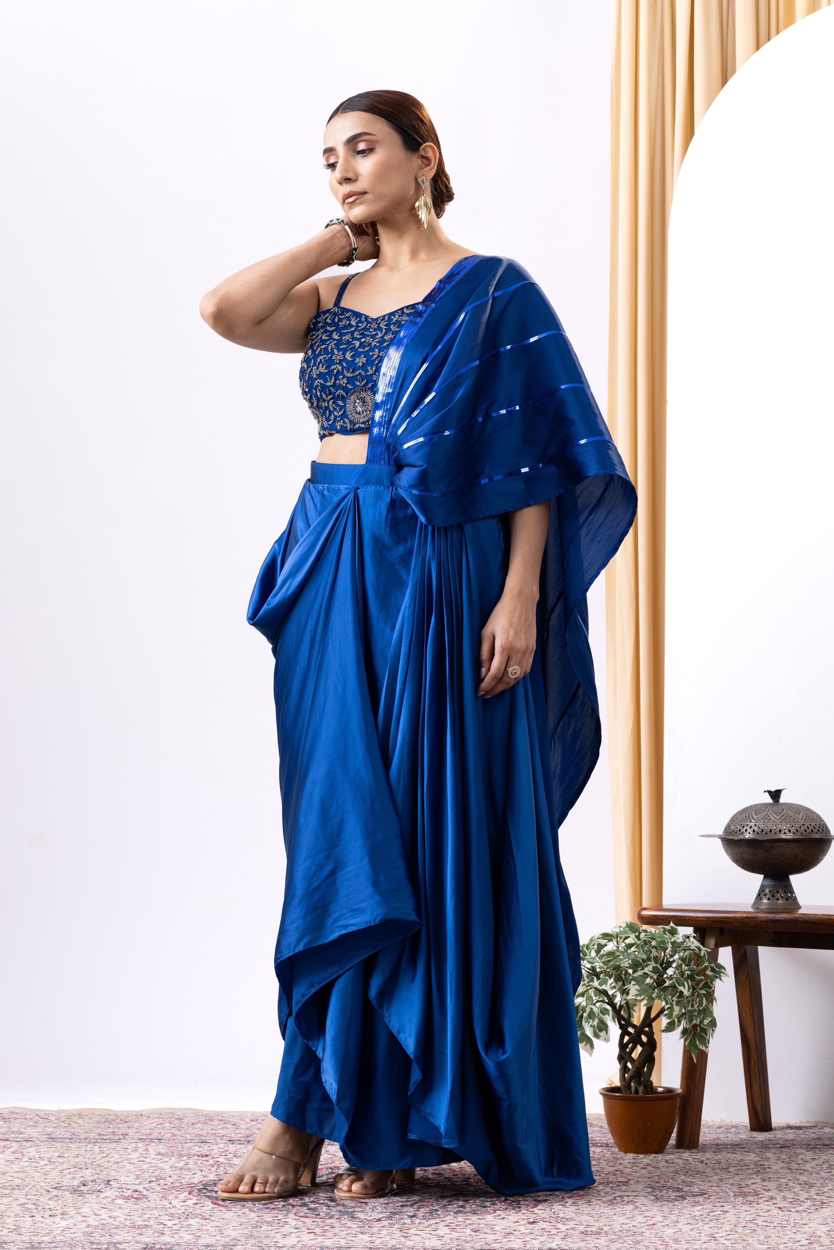 Royal Blue Satin Saree with Cutdana Work for Cocktail Party