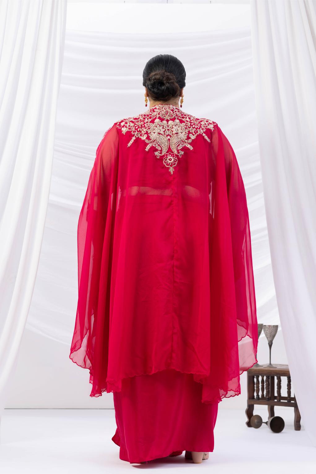 Magenta Pink Crepe Draped Set with Embroidered Cape