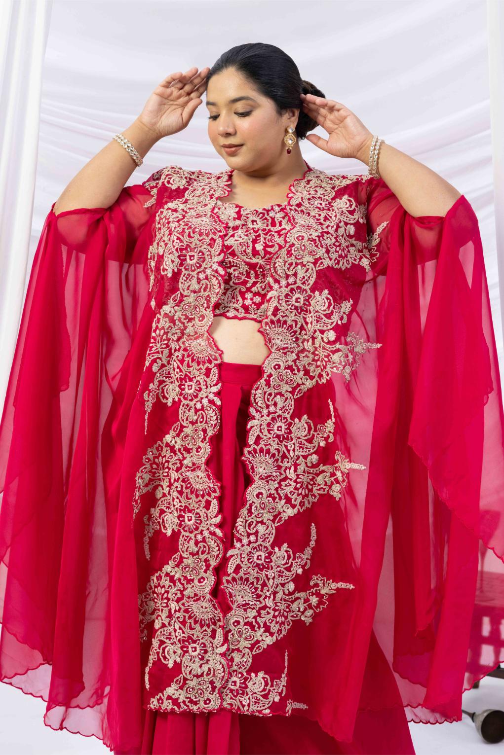 Magenta Pink Crepe Draped Set with Embroidered Cape