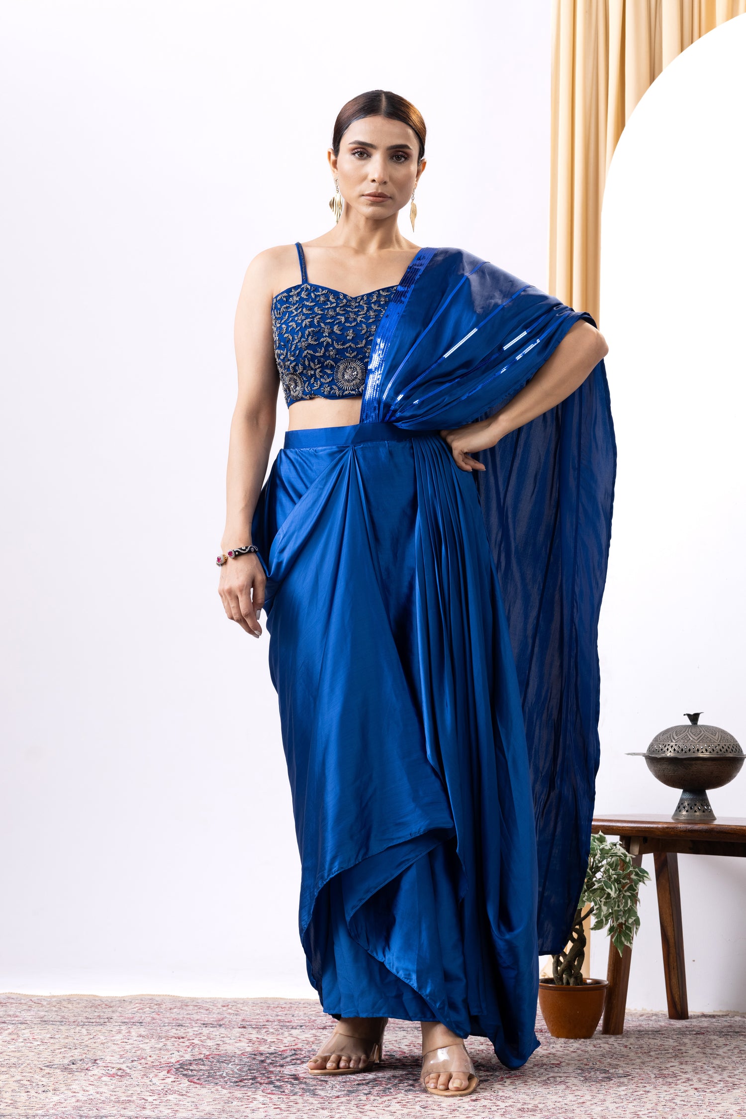 Royal Blue Satin Saree with Cutdana Work for Cocktail Party