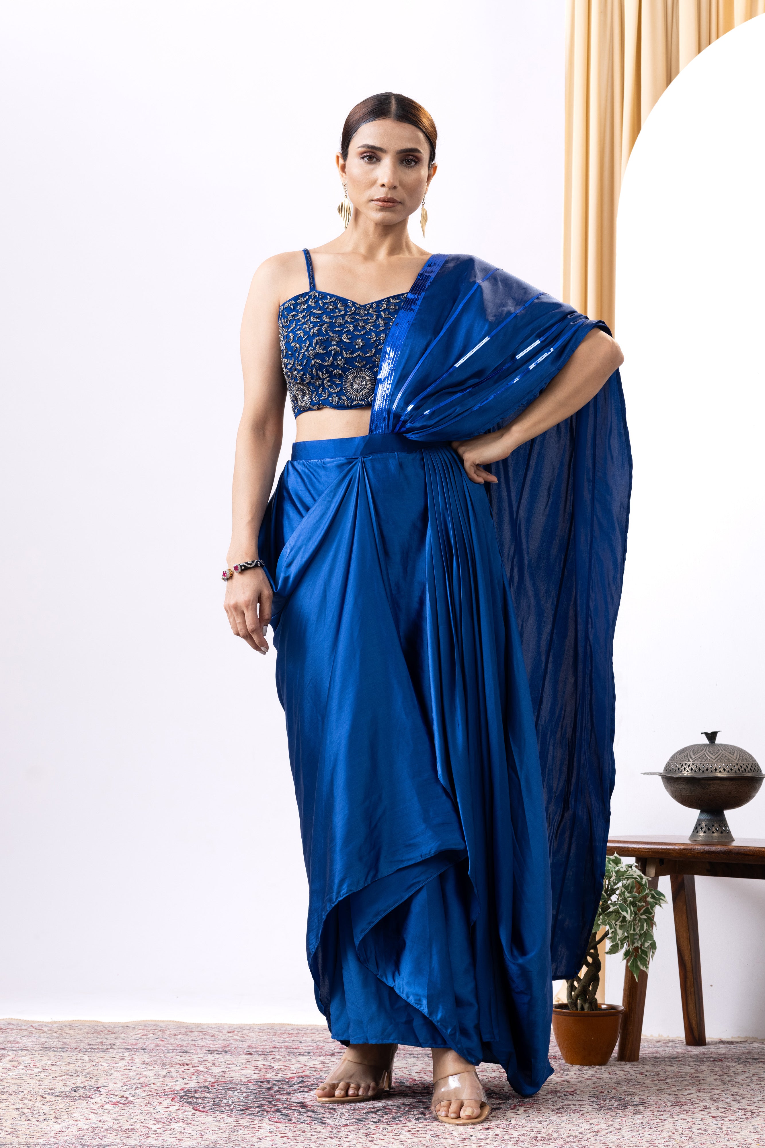 Royal Blue Satin Saree with Cutdana Work for Cocktail Party