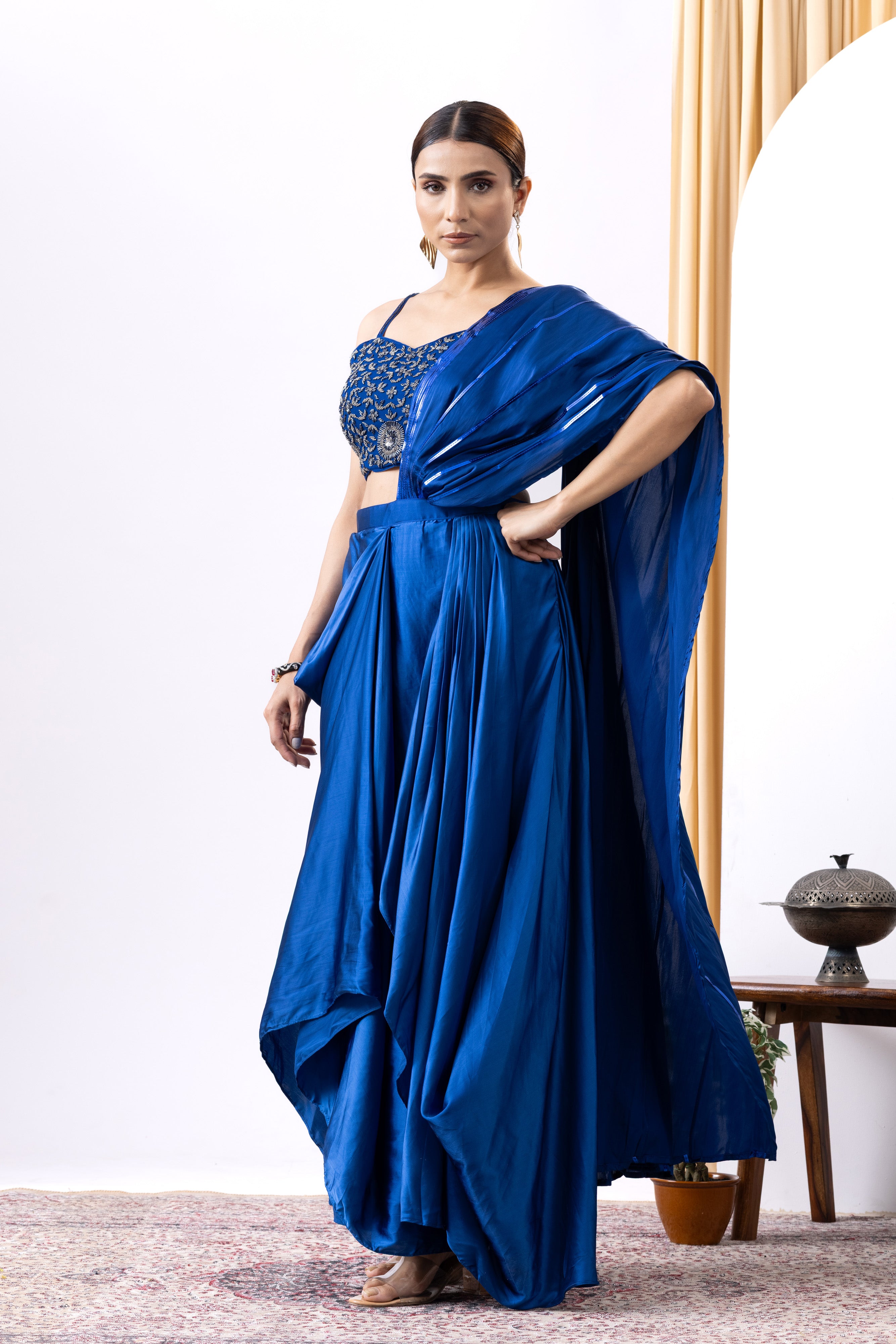 Royal Blue Satin Saree with Cutdana Work for Cocktail Party