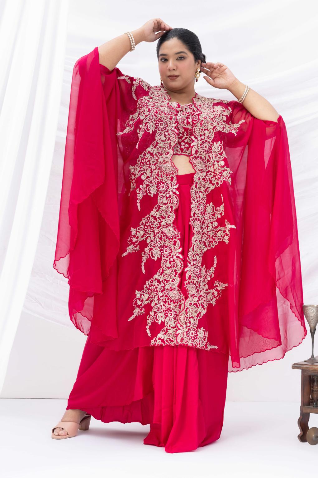 Orange Crepe Draped set with Embroidered Cape