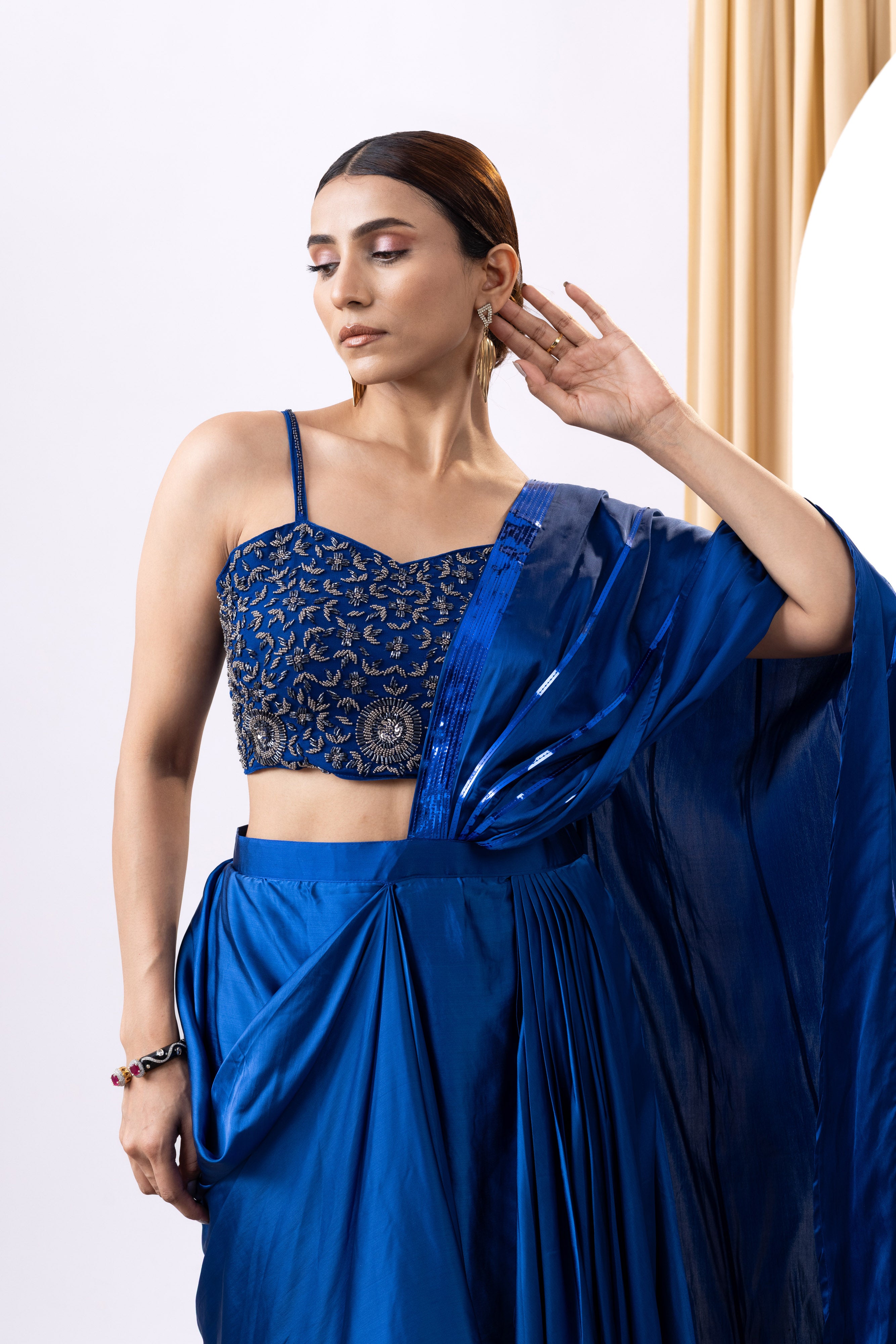 Royal Blue Satin Saree with Cutdana Work for Cocktail Party