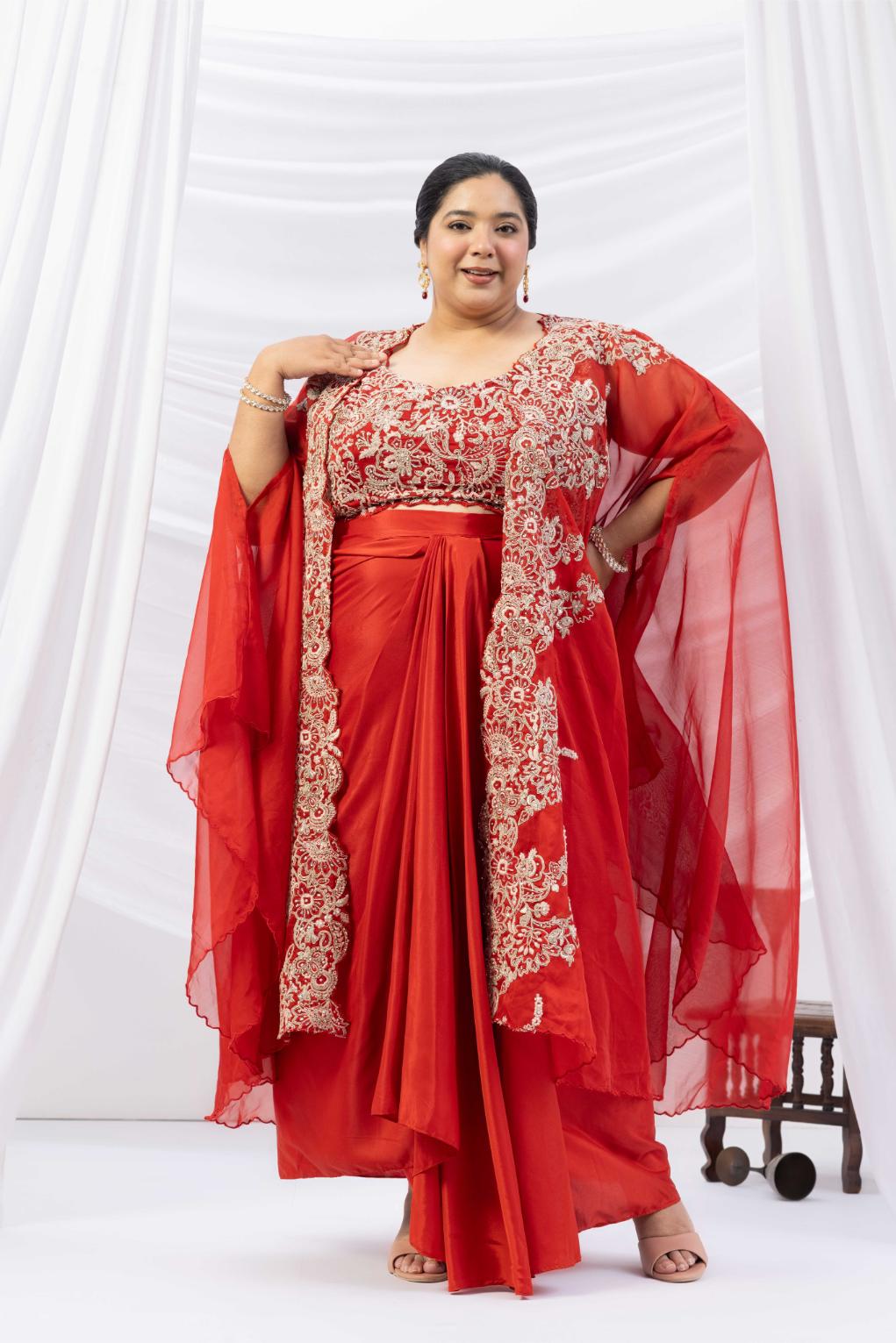 Orange Crepe Draped set with Embroidered Cape