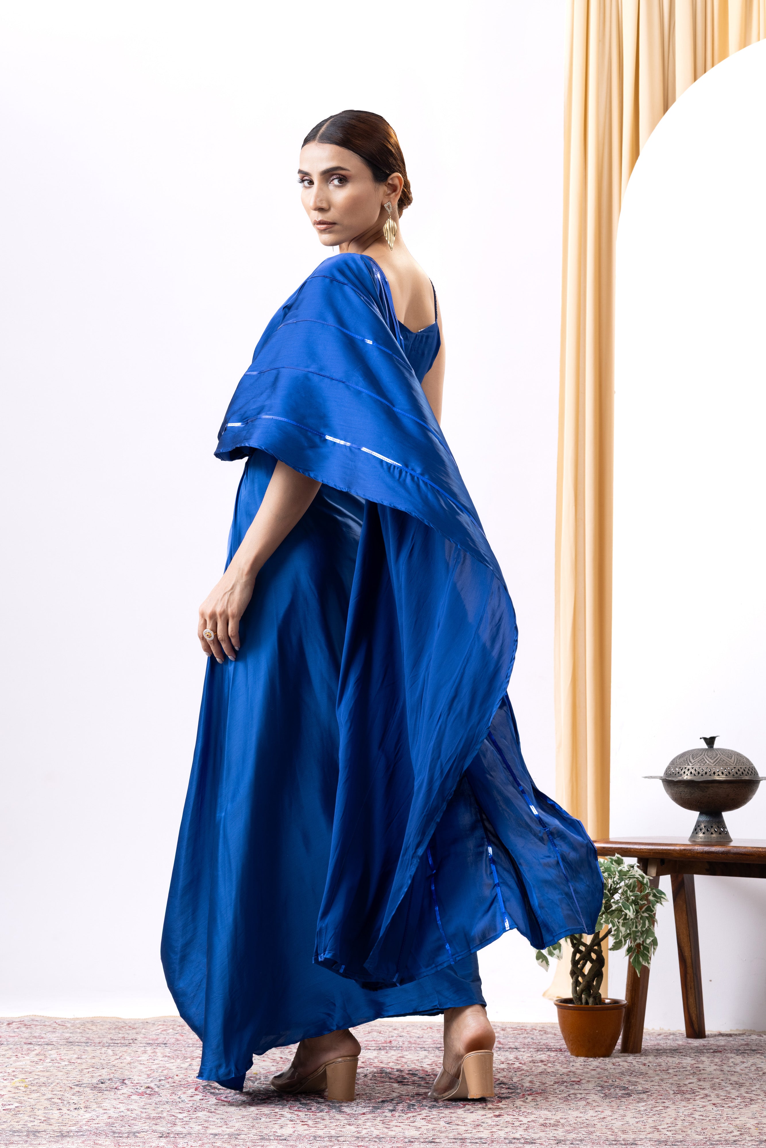 Royal Blue Satin Saree with Cutdana Work for Cocktail Party