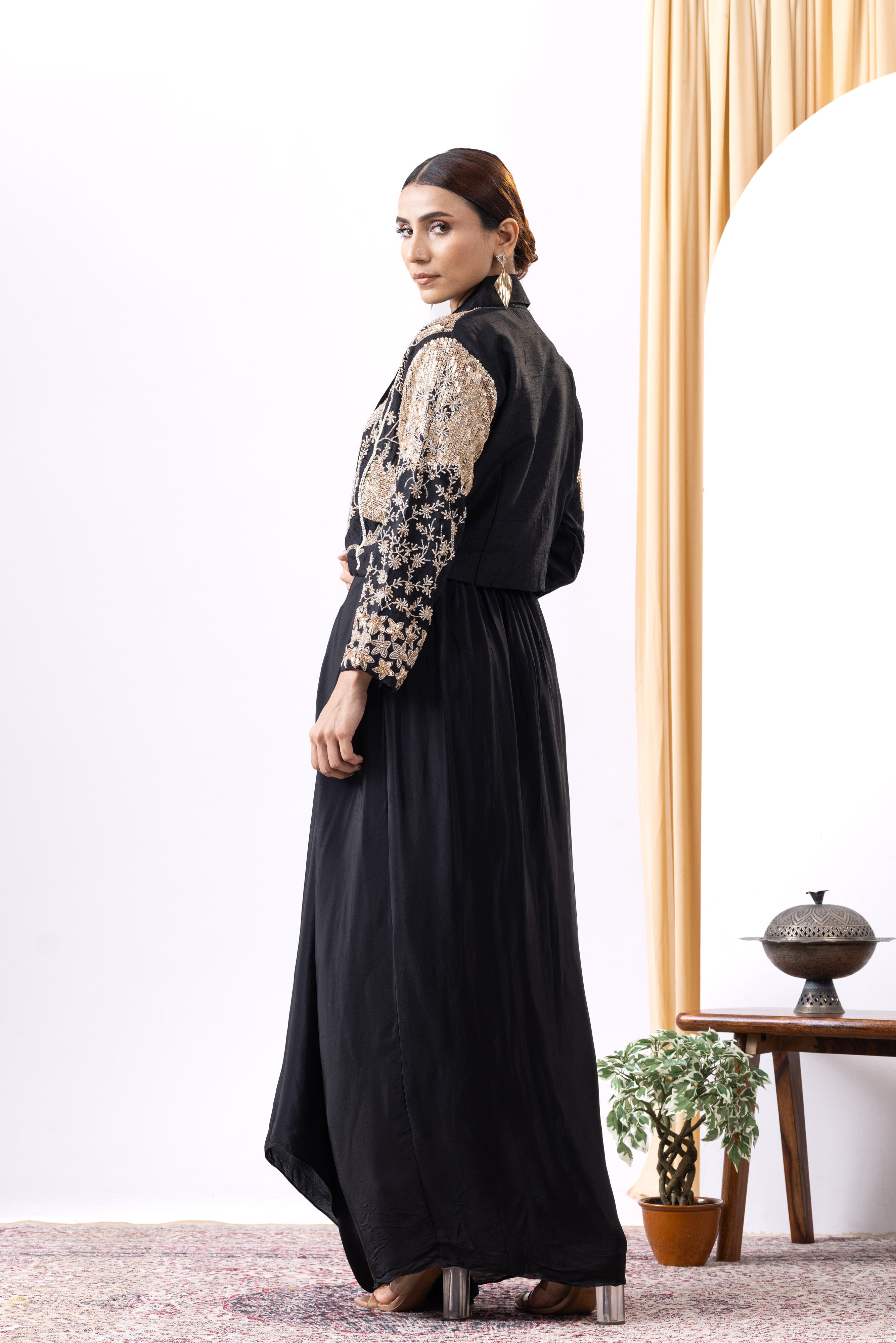 Black Golden Cropped Blazer & Draped Skirt Set