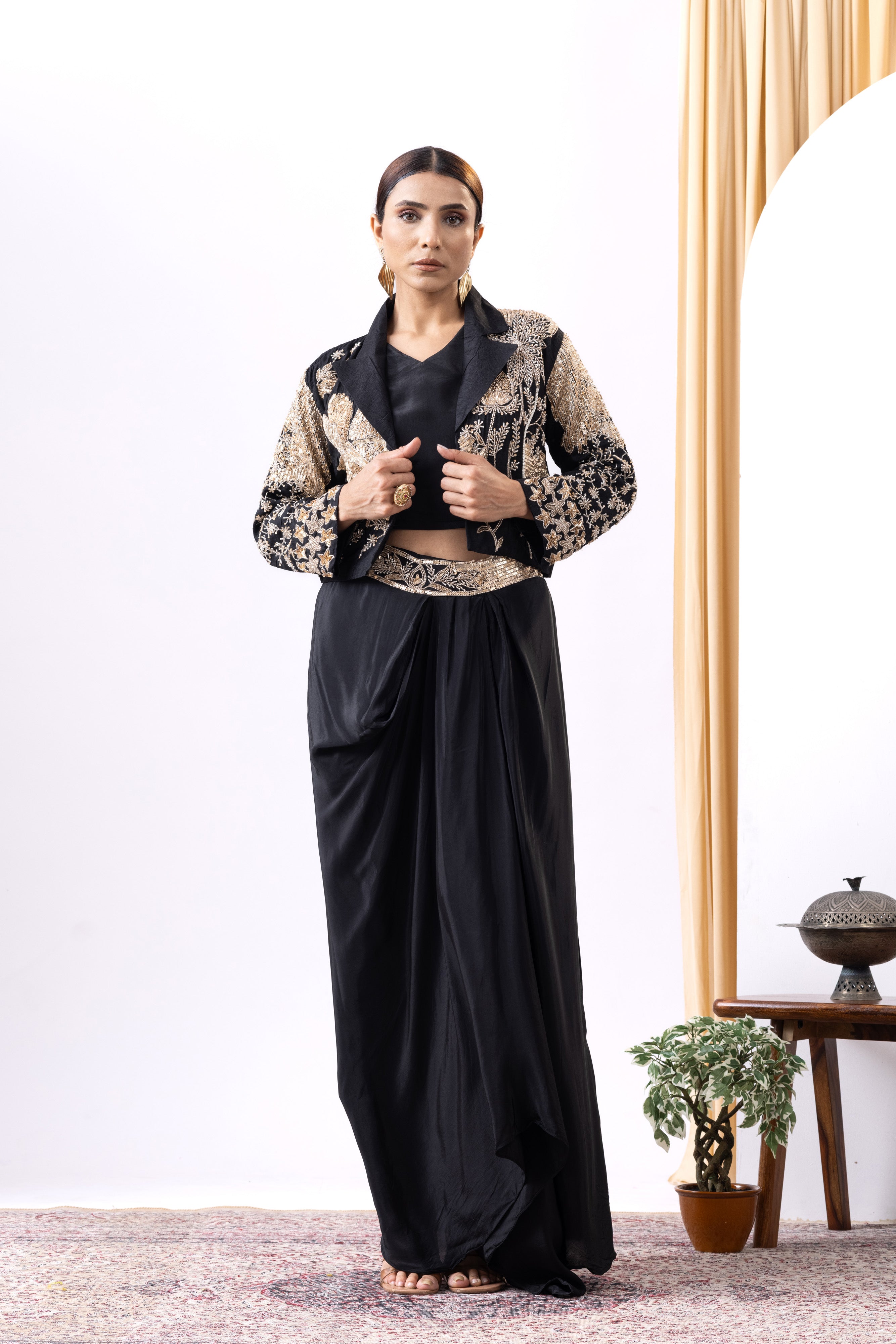 Black Golden Cropped Blazer & Draped Skirt Set