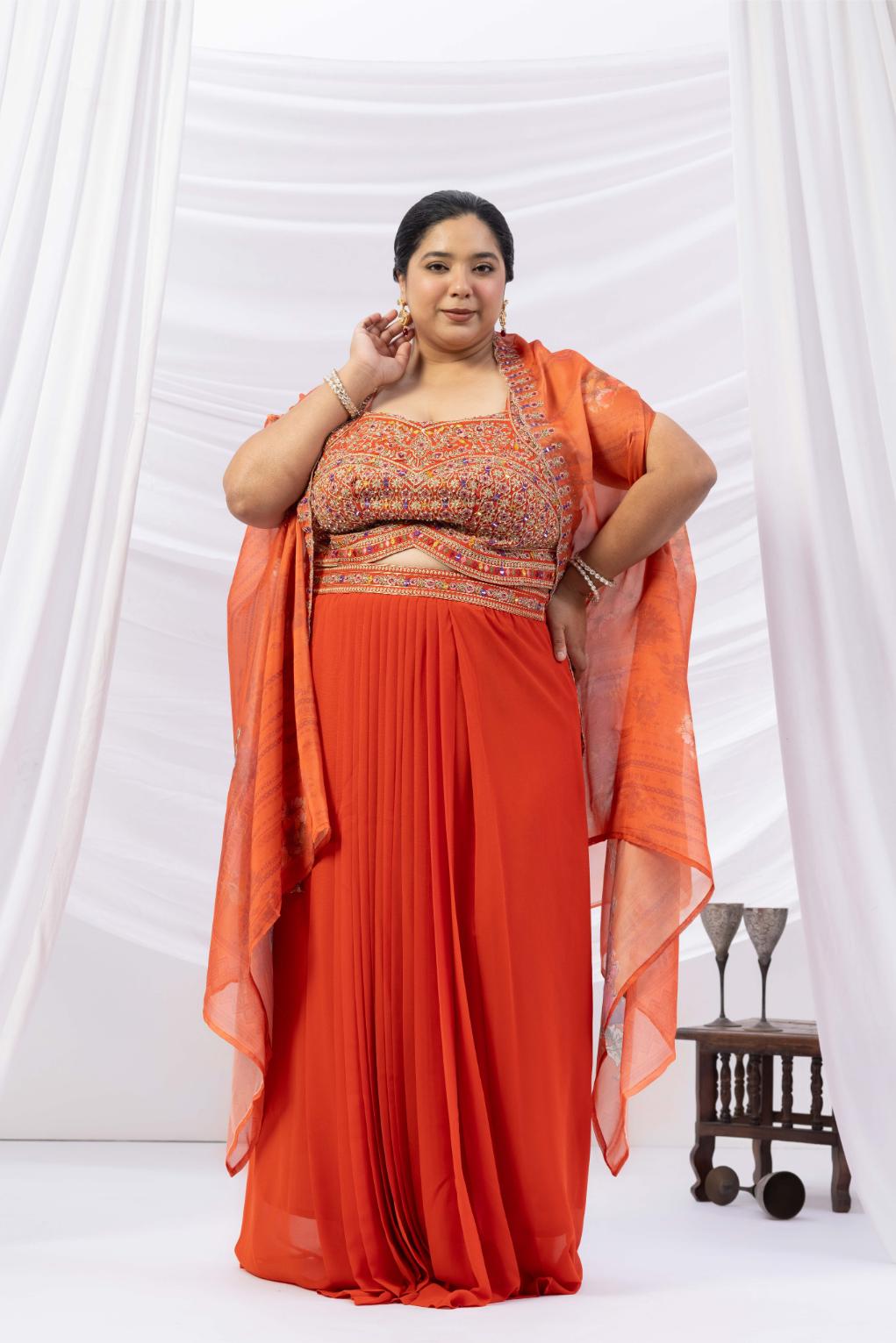 Orange Skirt Set with Cape