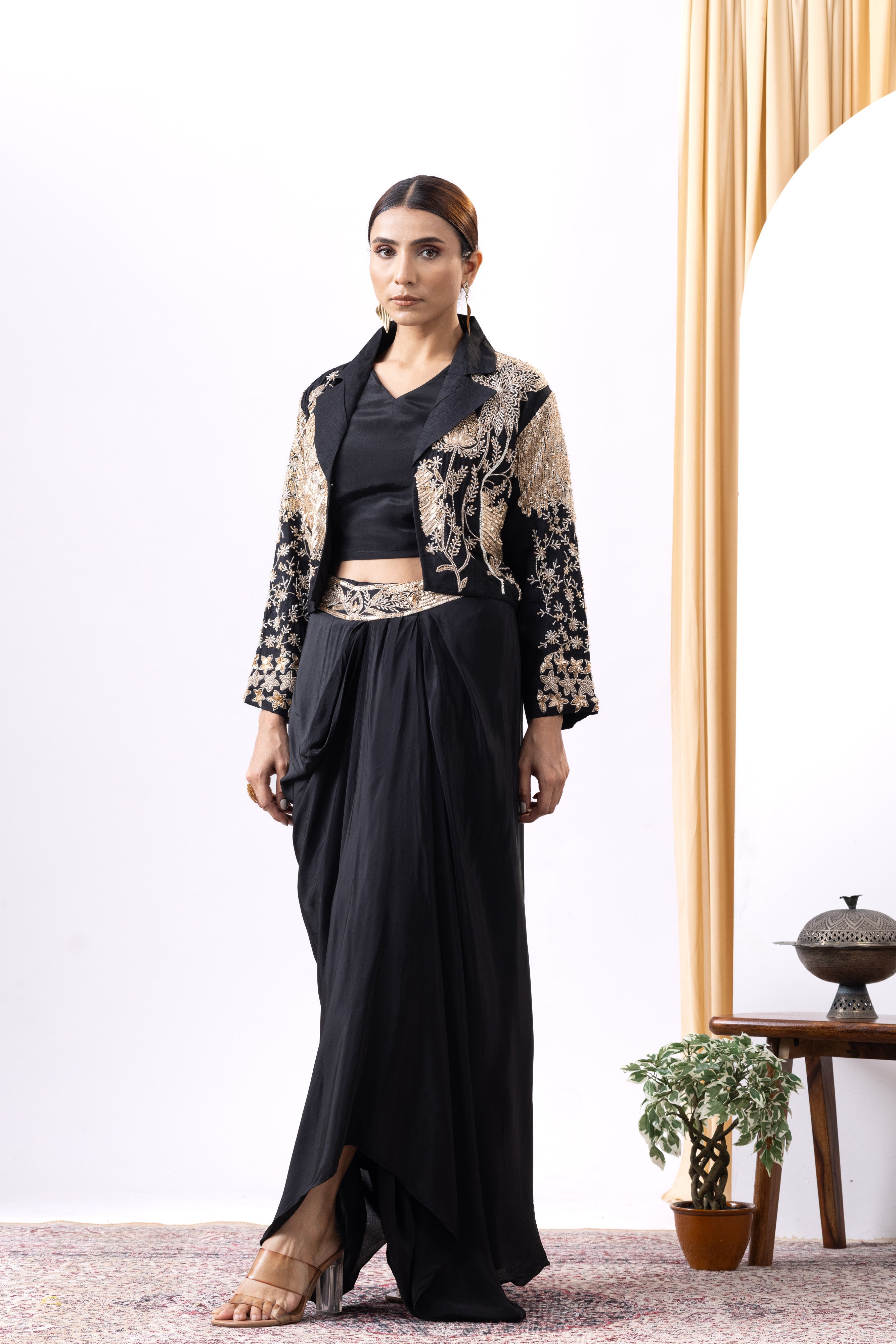 Black Golden Cropped Blazer & Draped Skirt Set