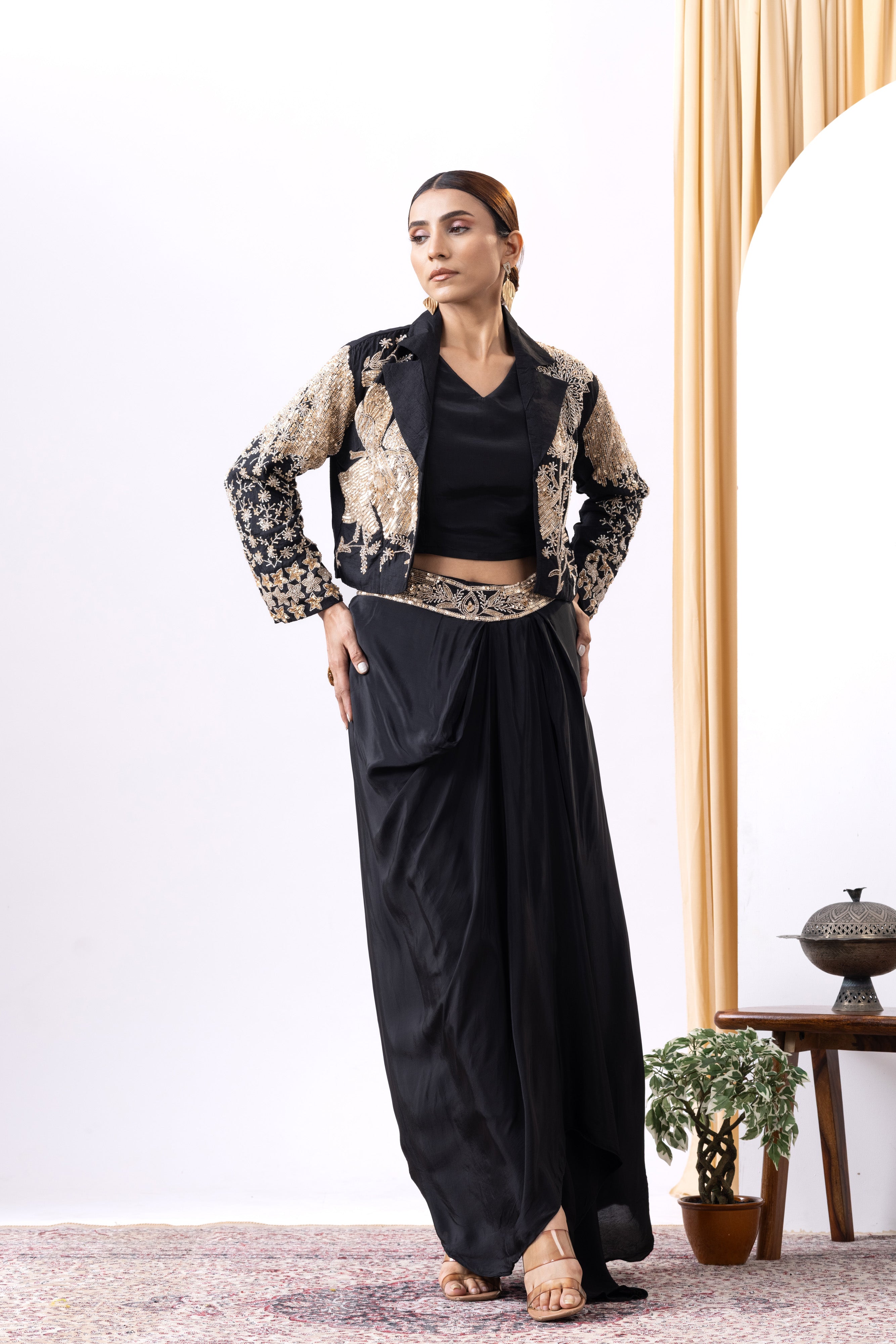 Black Golden Cropped Blazer & Draped Skirt Set
