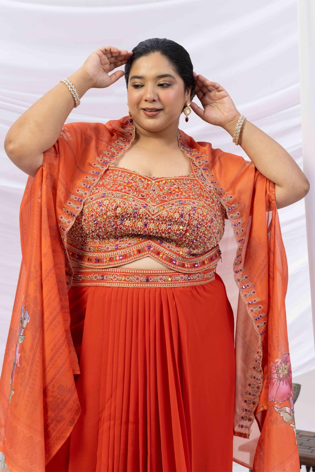 Orange Skirt Set with Cape