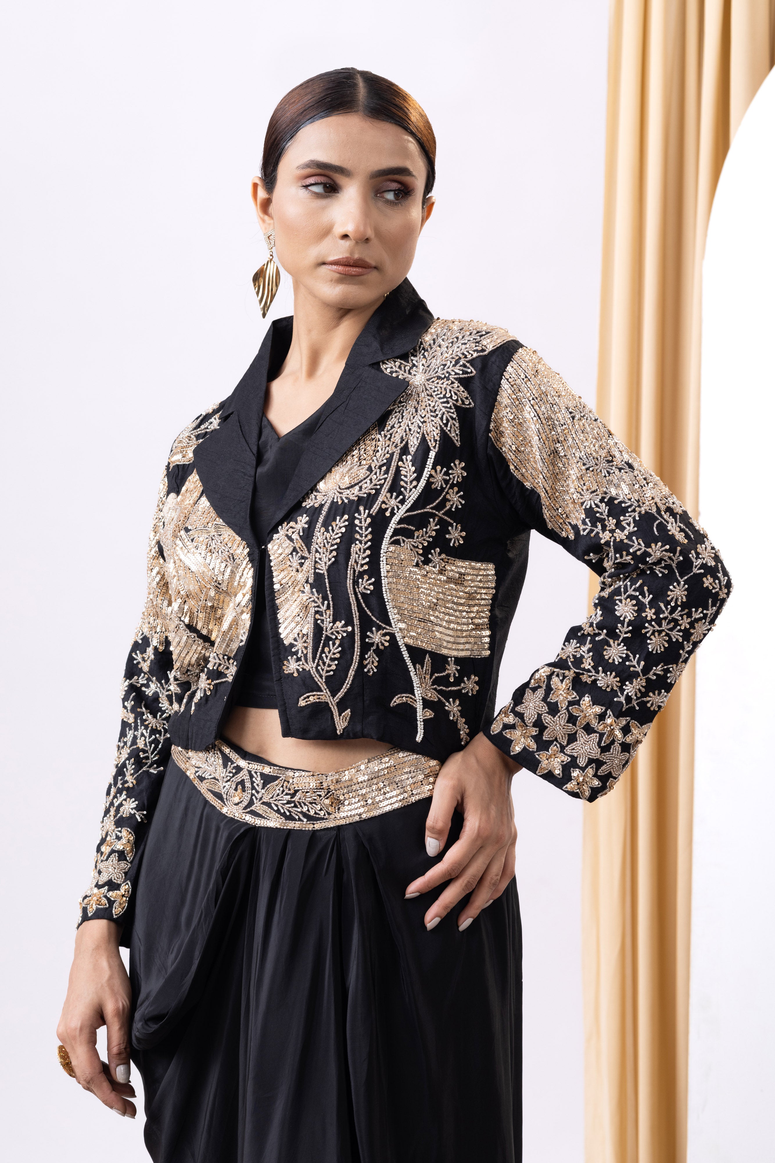 Black Golden Cropped Blazer & Draped Skirt Set