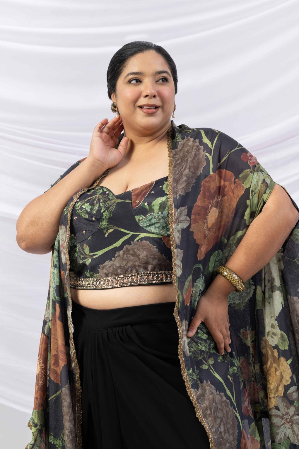 Black Floral Print Drape Skirt, Choli & Cape Set