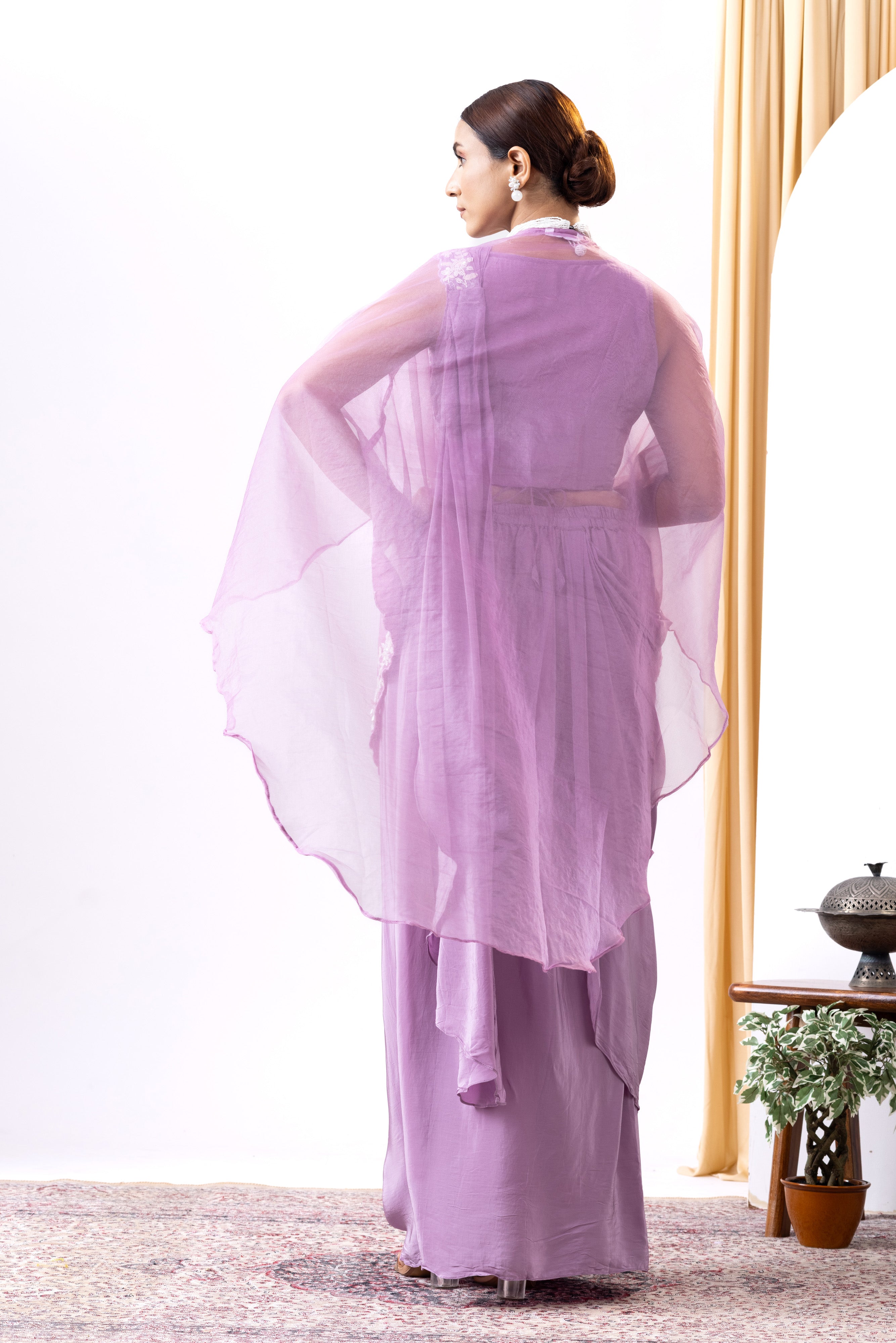 Lilac georgette and organza embroidered pre-draped saree set