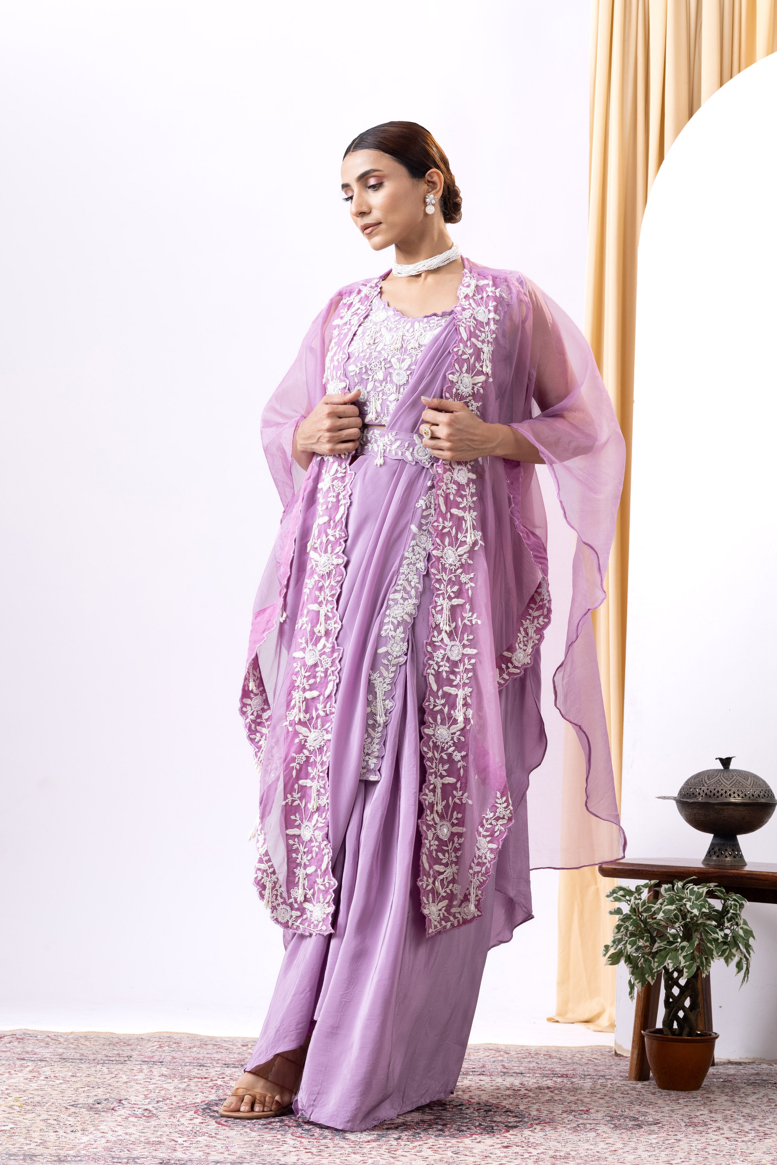 Lilac georgette and organza embroidered pre-draped saree set