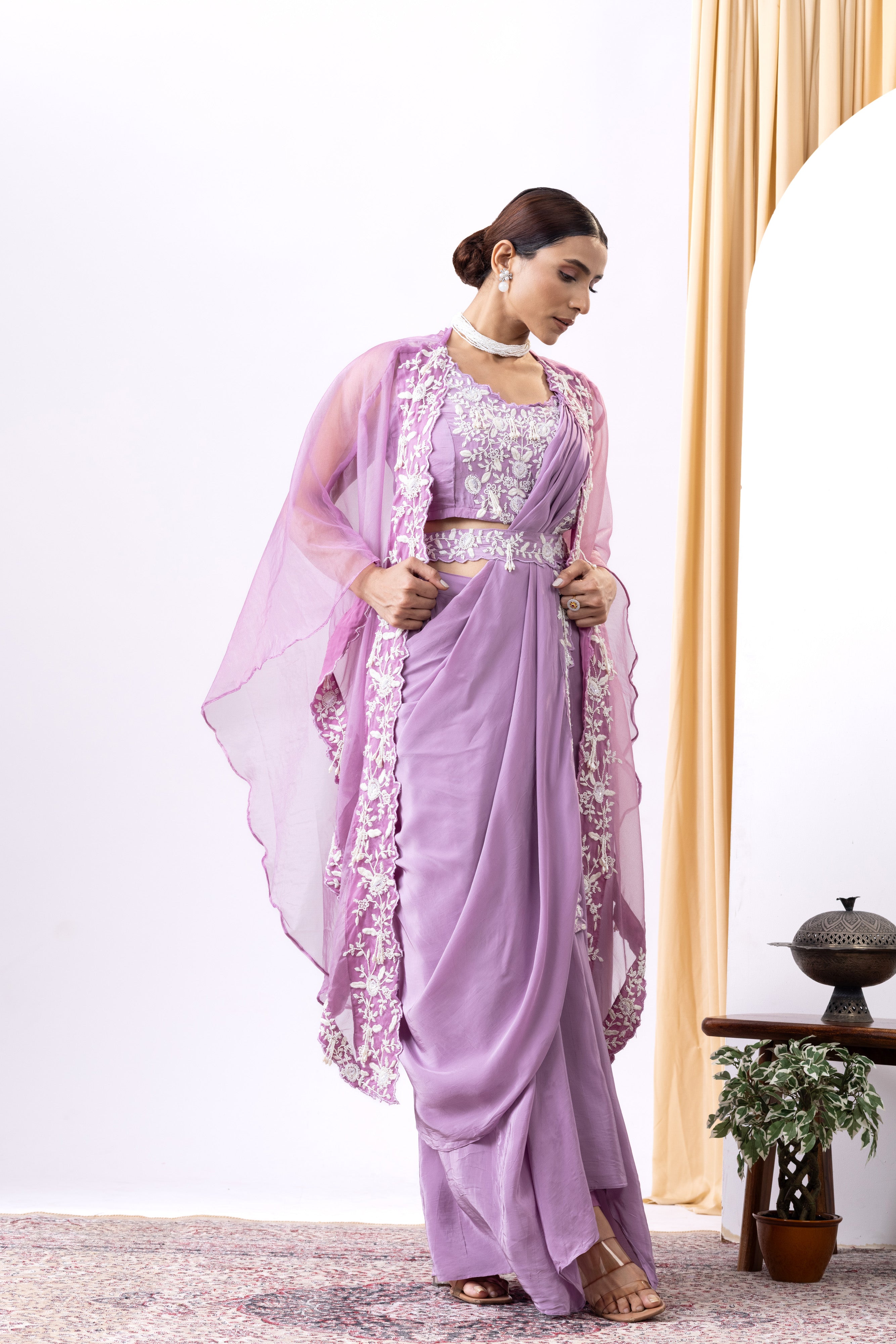 Lilac georgette and organza embroidered pre-draped saree set