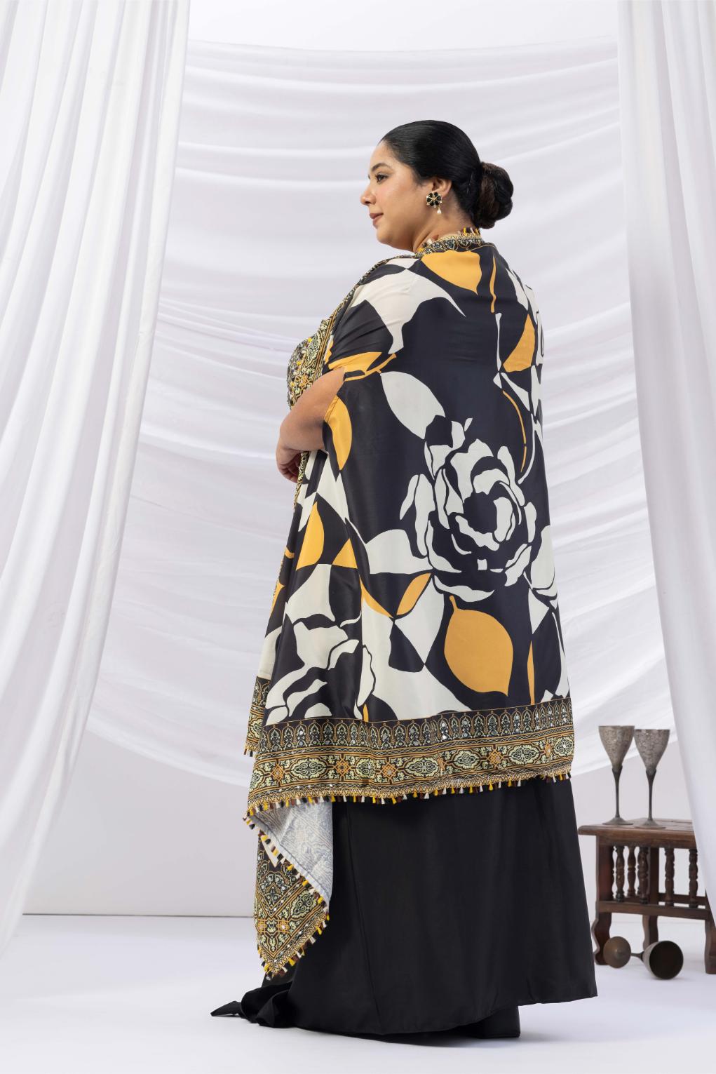 Black Drape Dhoti with Printed Cape Jacket