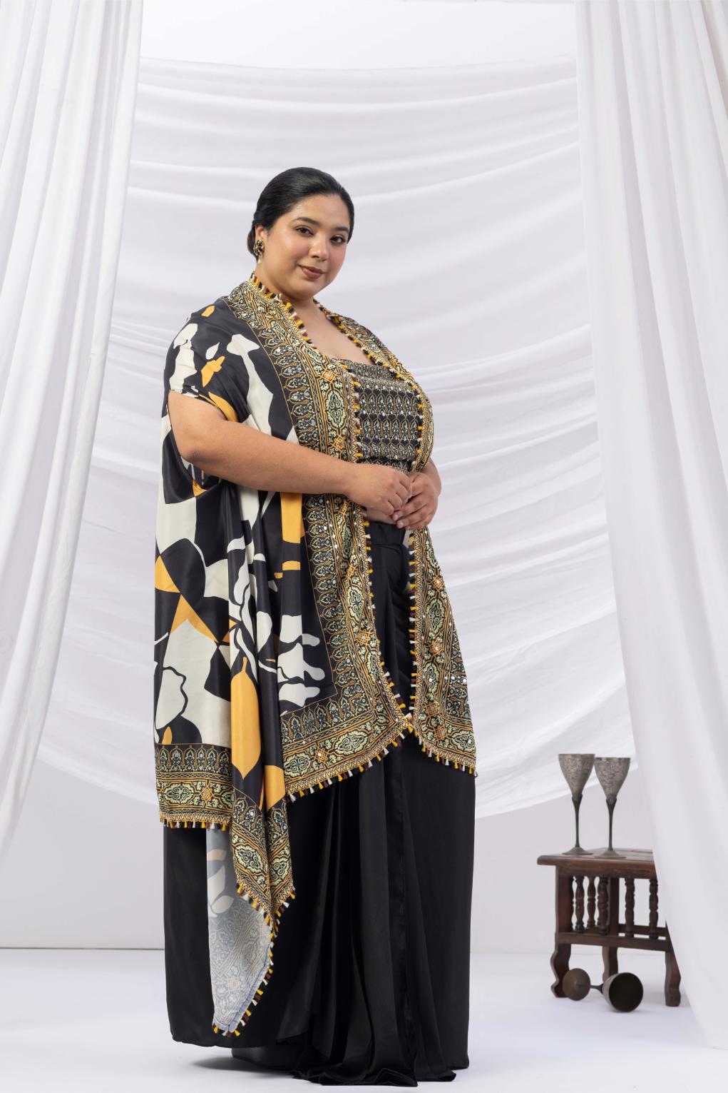 Black Drape Dhoti with Printed Cape Jacket
