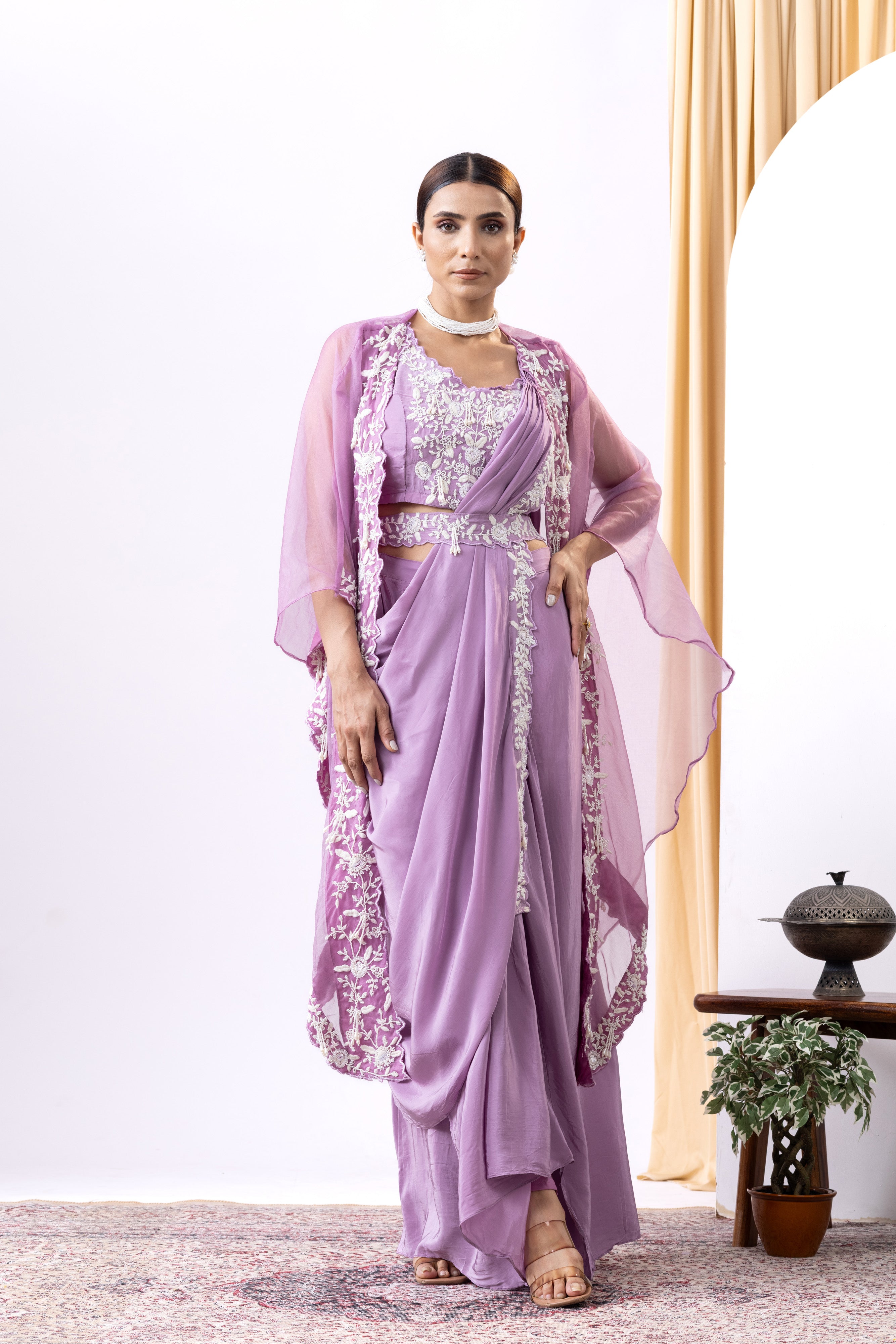 Lilac georgette and organza embroidered pre-draped saree set