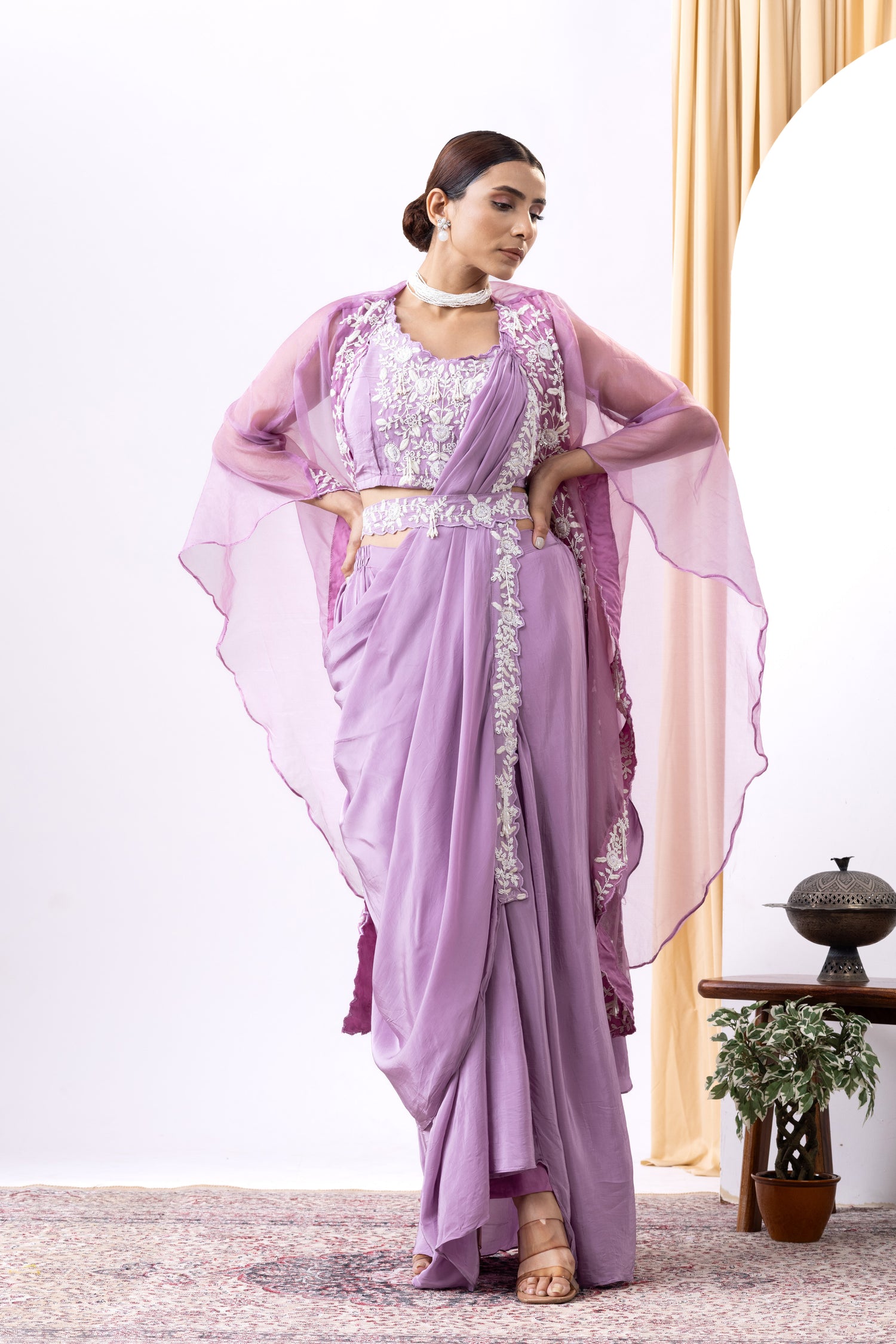 Lilac georgette and organza embroidered pre-draped saree set