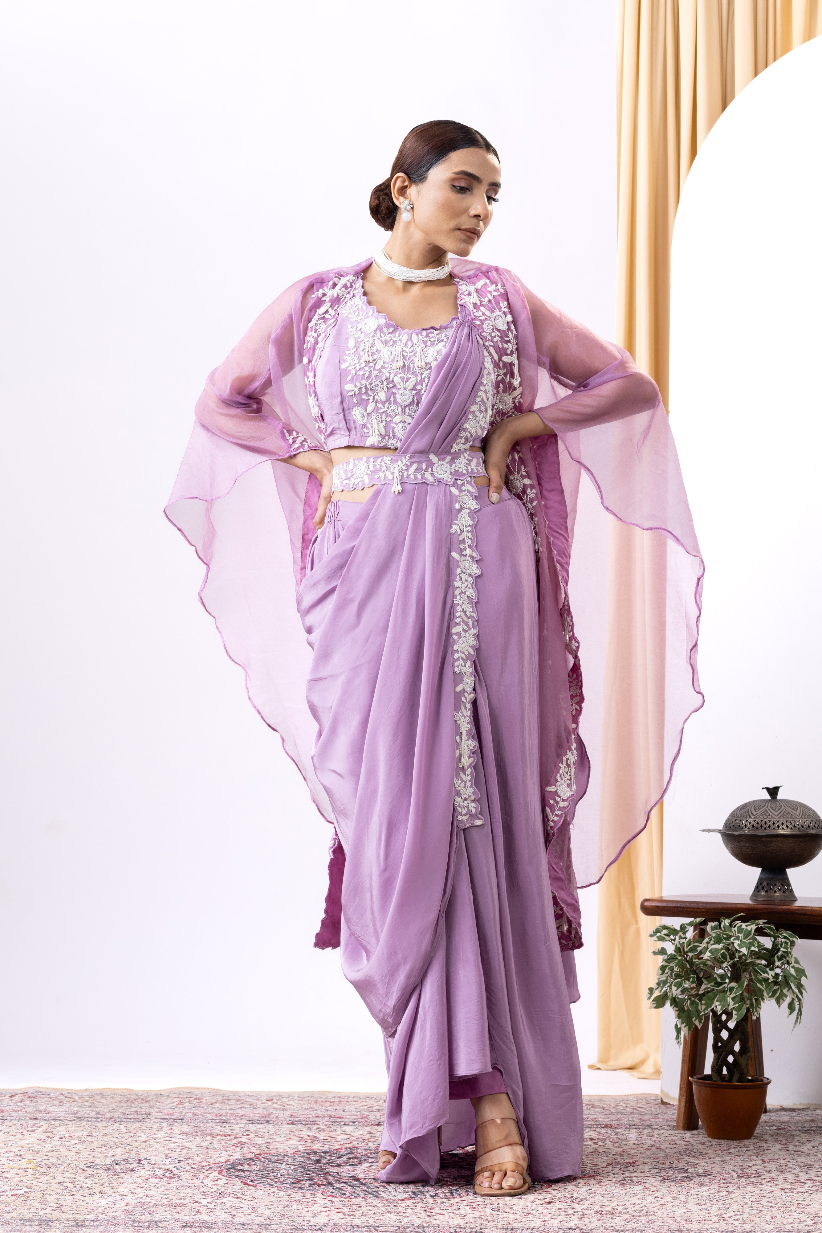 Lilac georgette and organza embroidered pre-draped saree set