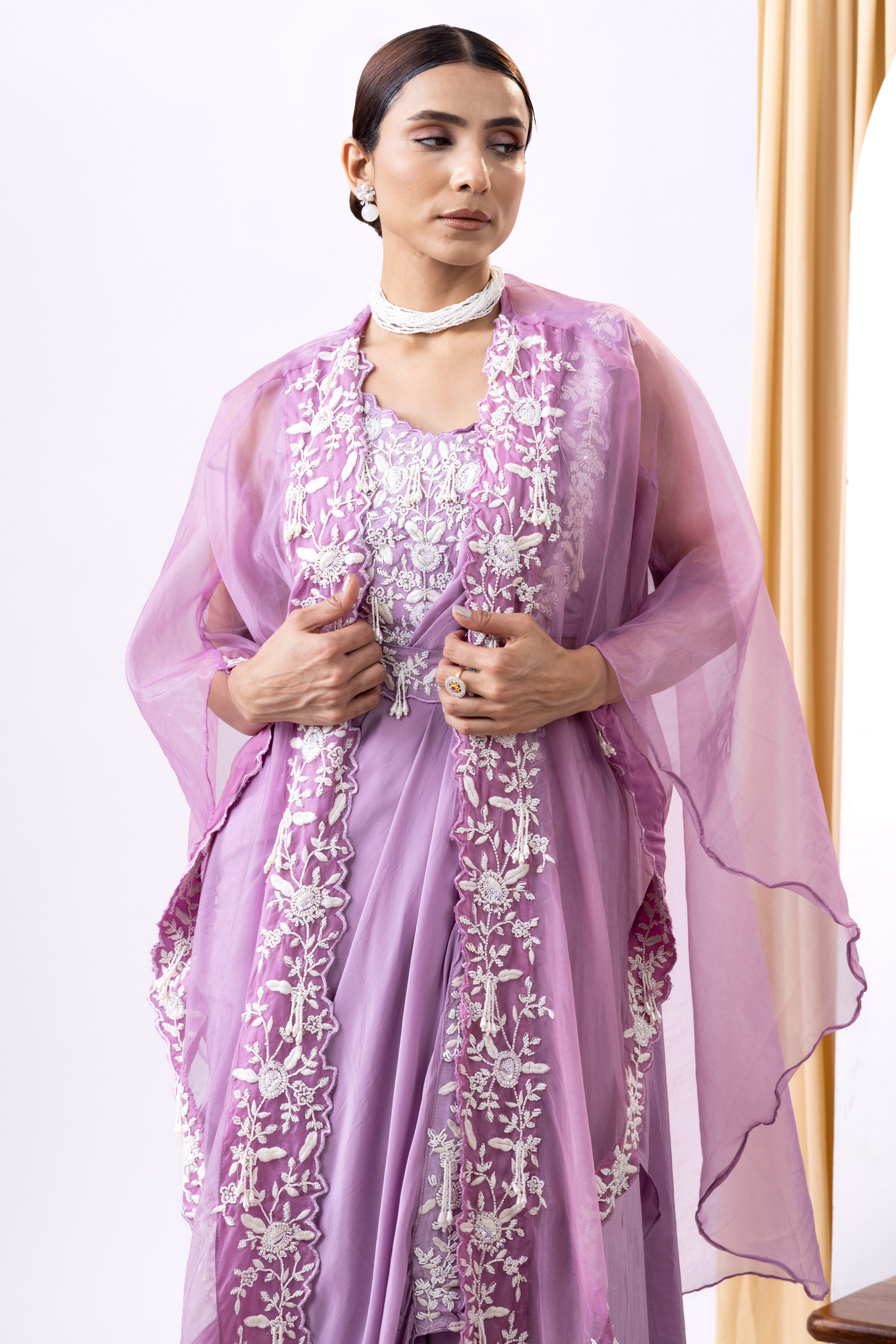 Lilac georgette and organza embroidered pre-draped saree set