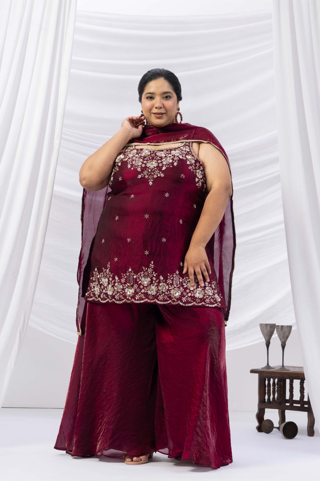 Wine Embroidered Kurta Palazzo Set