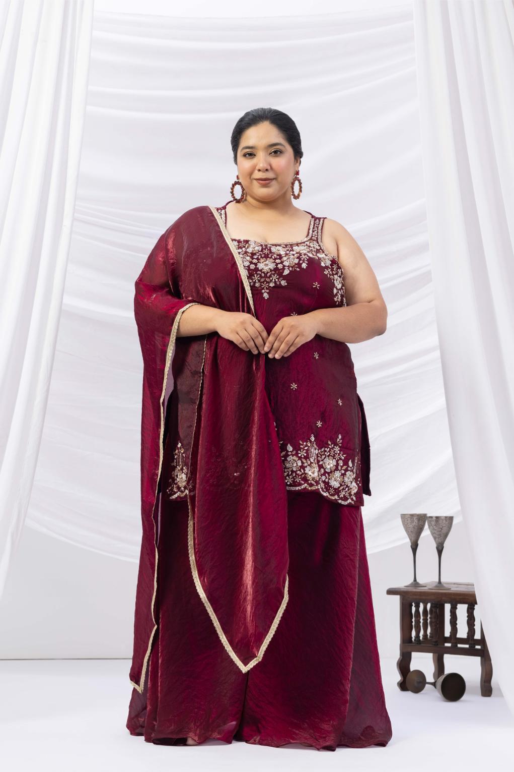 Wine Embroidered Kurta Palazzo Set
