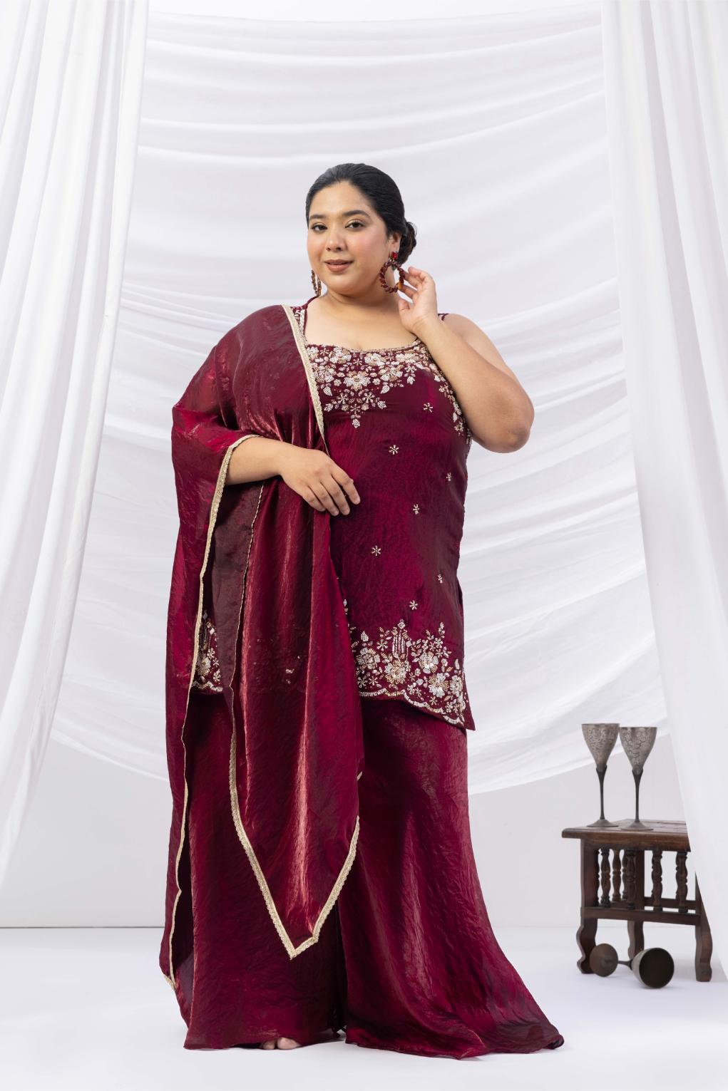 Wine Embroidered Kurta Palazzo Set