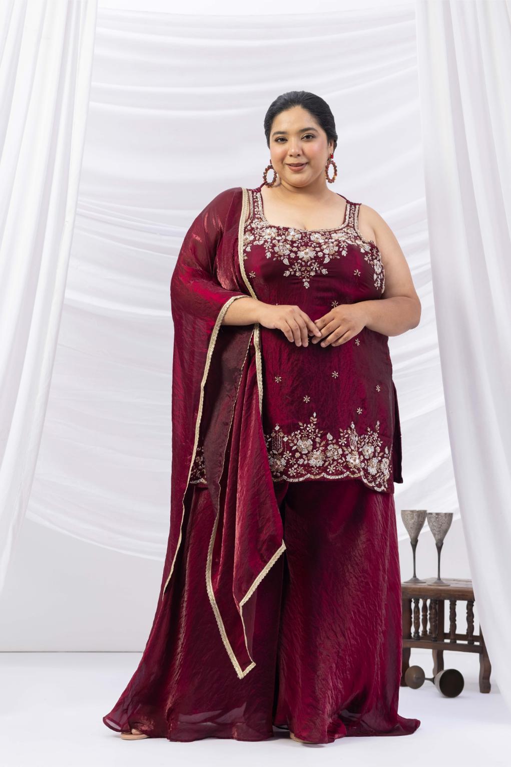 Wine Embroidered Kurta Palazzo Set