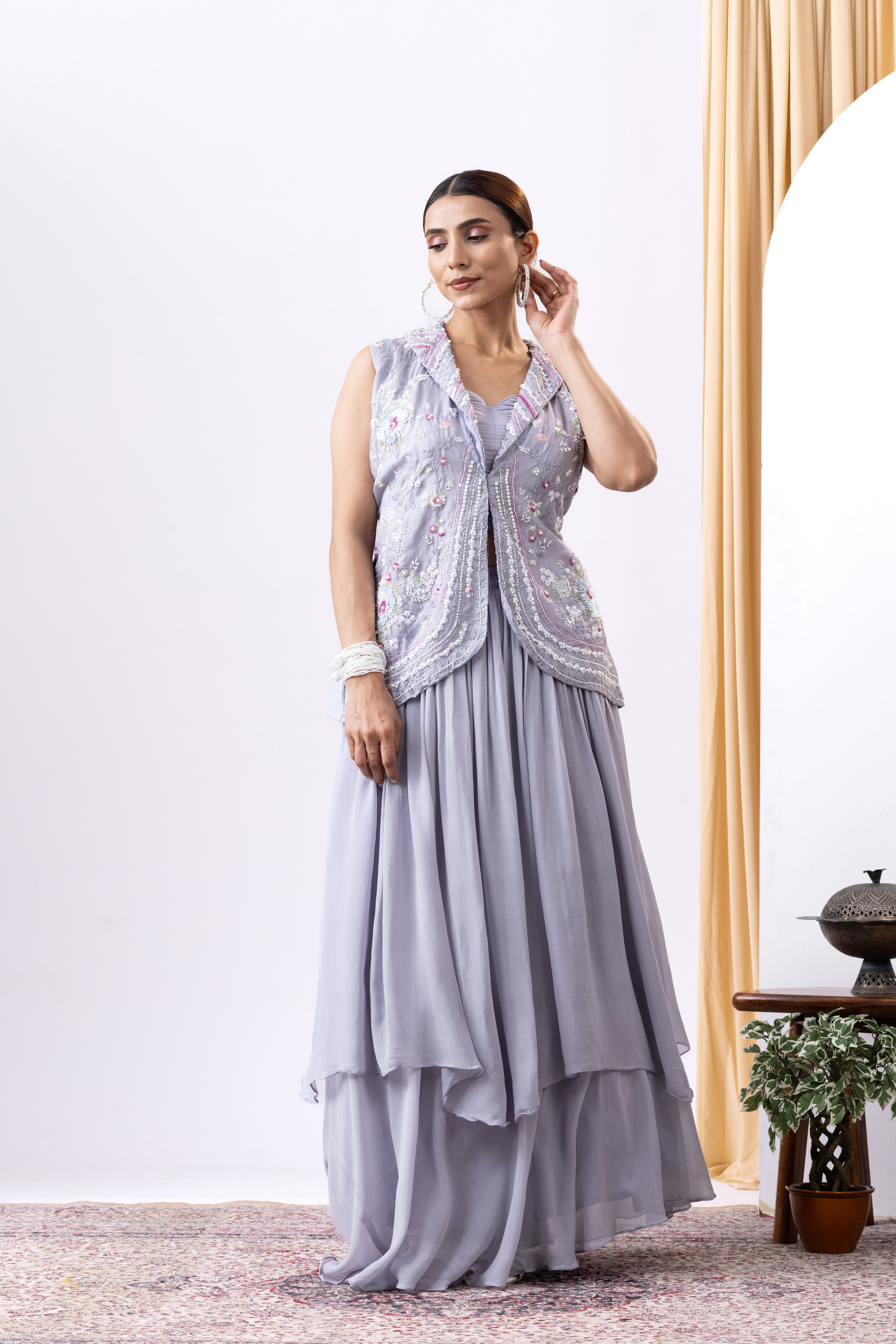 Lavender Layered Lehnga with handcrafted embellished waistcoat