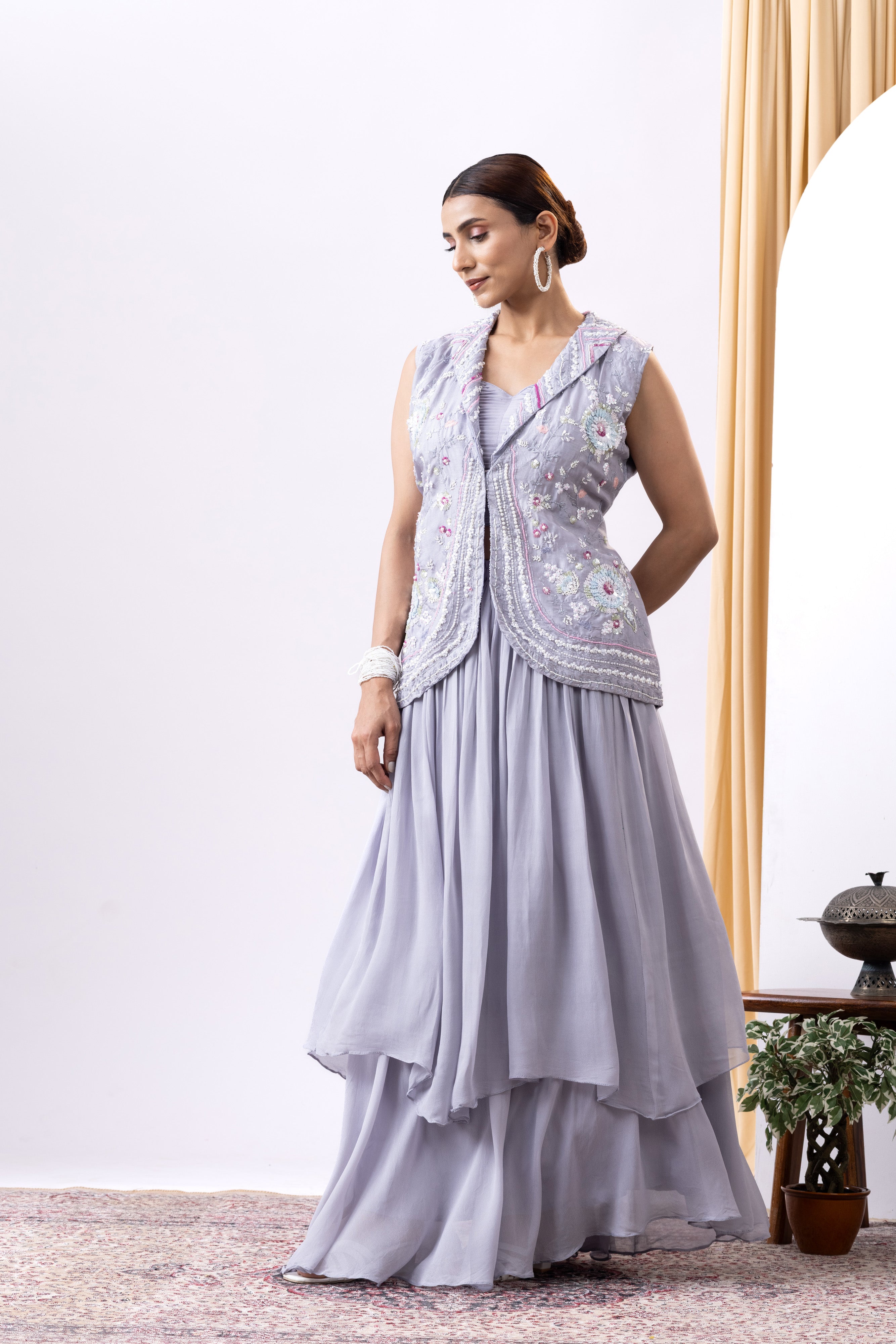 Lavender Layered Lehnga with handcrafted embellished waistcoat