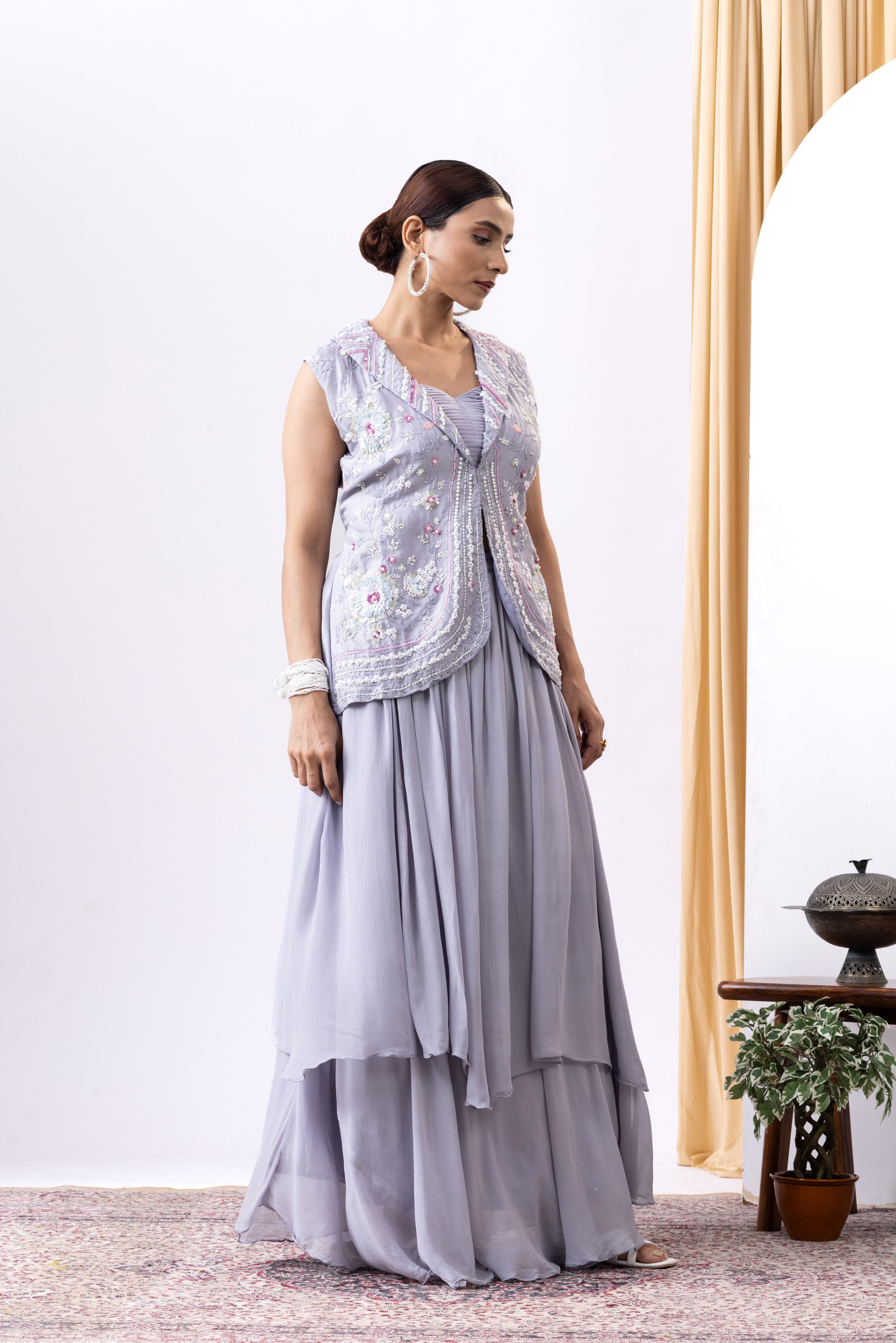 Lavender Layered Lehnga with handcrafted embellished waistcoat