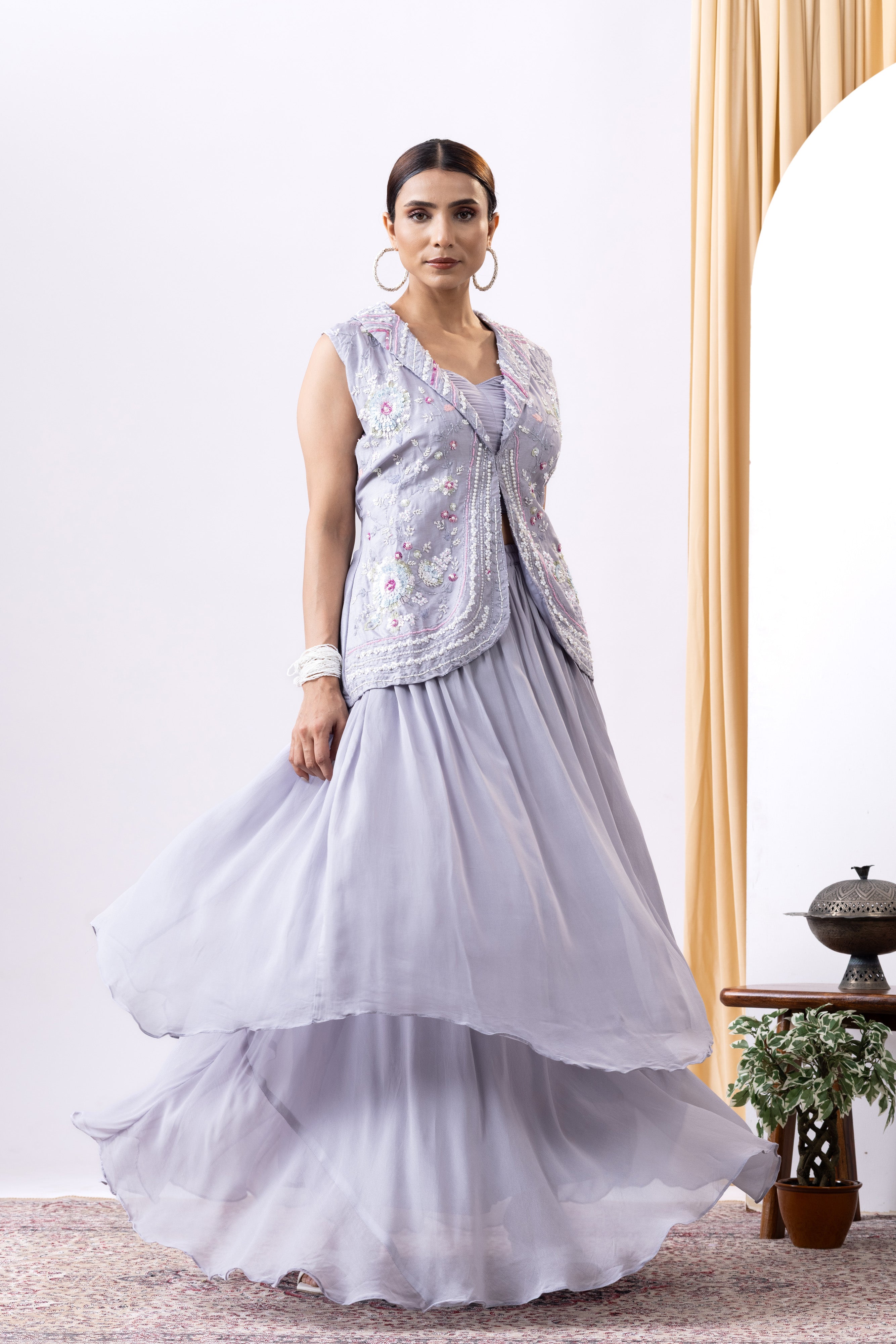 Lavender Layered Lehnga with handcrafted embellished waistcoat